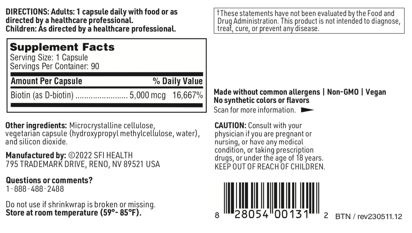 SFI Health Biotin 5000mcg Capsule, 90 Capsules