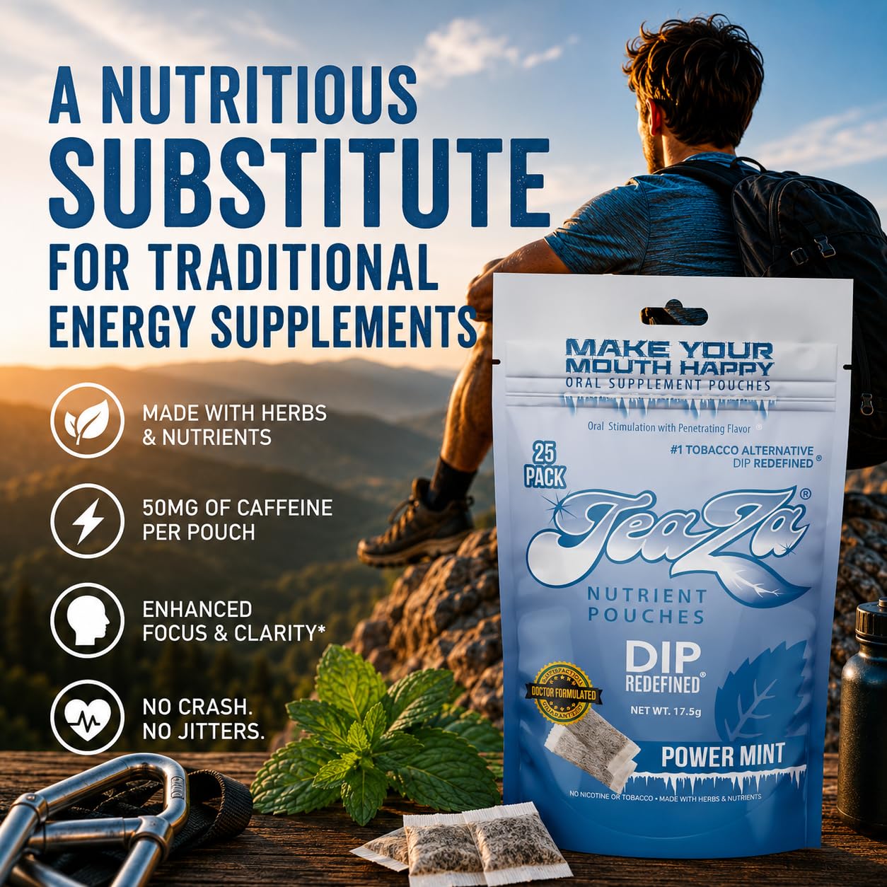 TeaZa Energy Pouches Power Mint Chewables, 50 Count