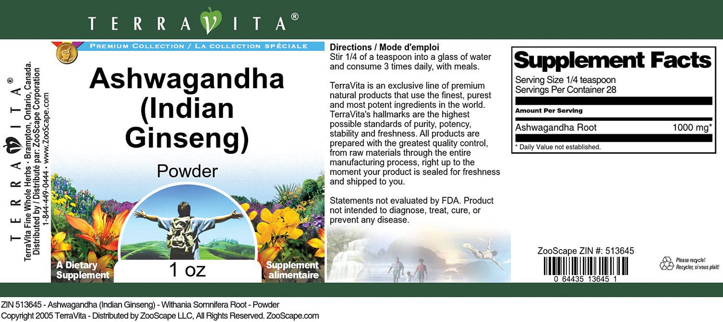 Terravita Ashwagandha (Indian Ginseng) - Withania Somnifera Root Powder, 3 Pack