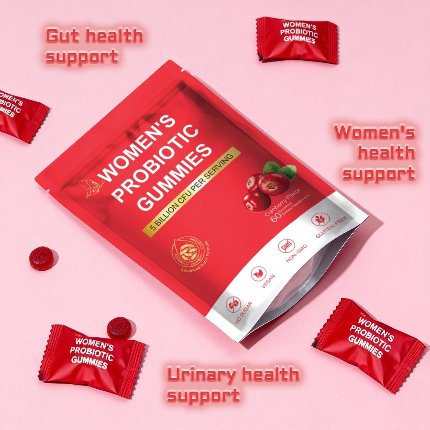 TRUERELIEF Probiotics for Women with Cranberry Extract Daily Gummy Supplement for Feminine Balance, Digestive & Immune Support, 60 Gummies