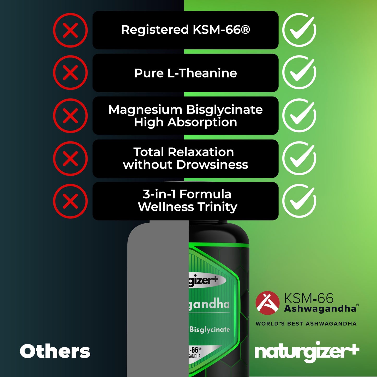 naturgizer+ Ashwagandha KSM-66 with Magnesium Glycinate Bisglycinate & L-Theanine 3-in-1 Complex Supplement for Calm Focus & Daily Balance - Vegan Non-GMO - 120 Capsules