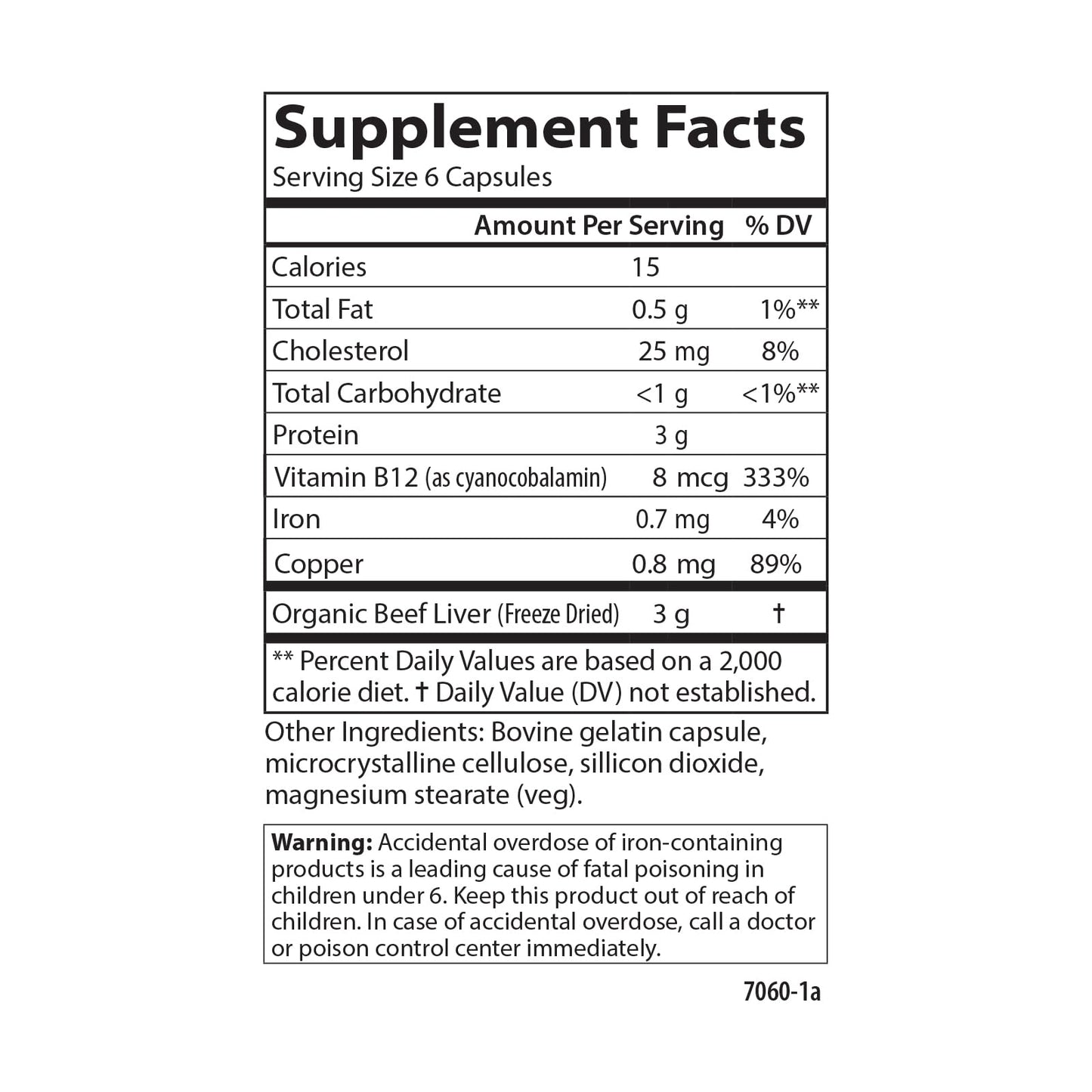 Carlson Grass-Fed Beef Liver with Iron & Copper for Blood Health & Energy, Red Blood Cell Production, 60 Capsules