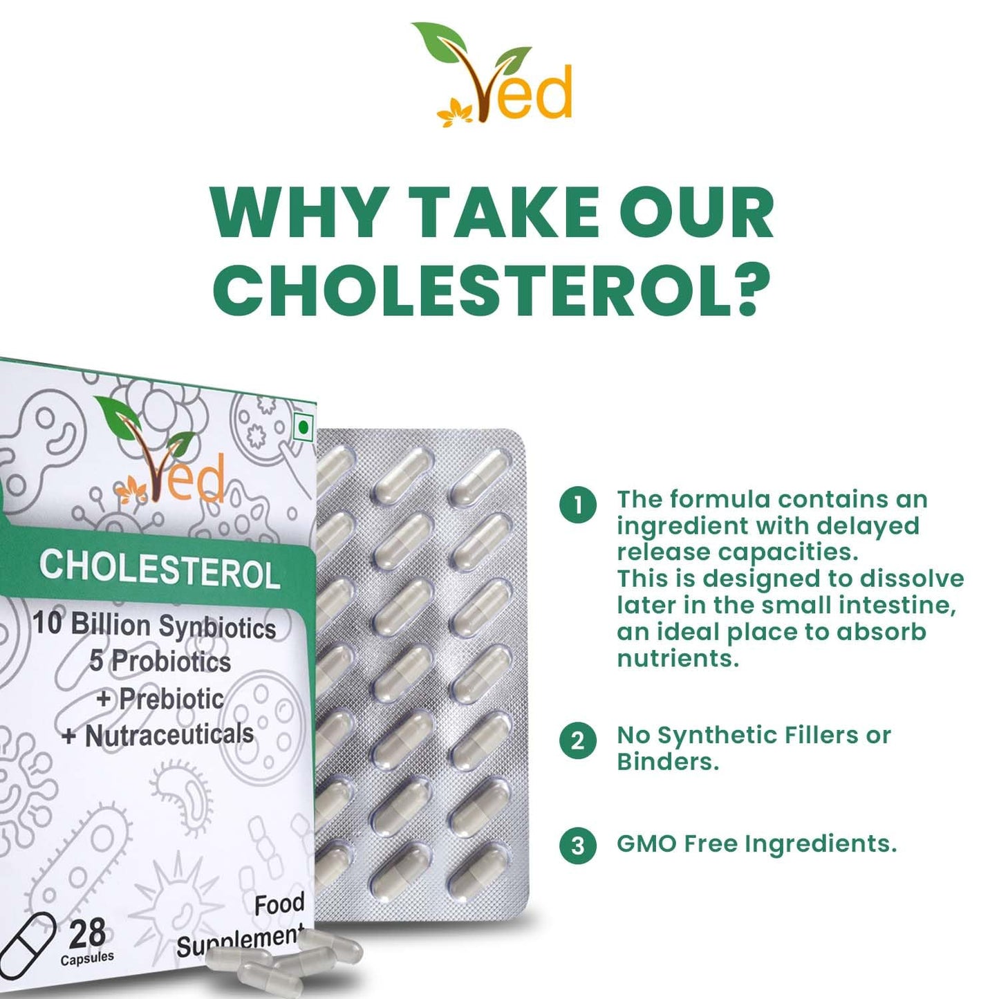 Ved Cholesterol Probiotics and Prebiotics Capsule, 10 Billion CFU, 20 Live Bacterial Cultures, Lactobacillus Helveticus, 28 Count