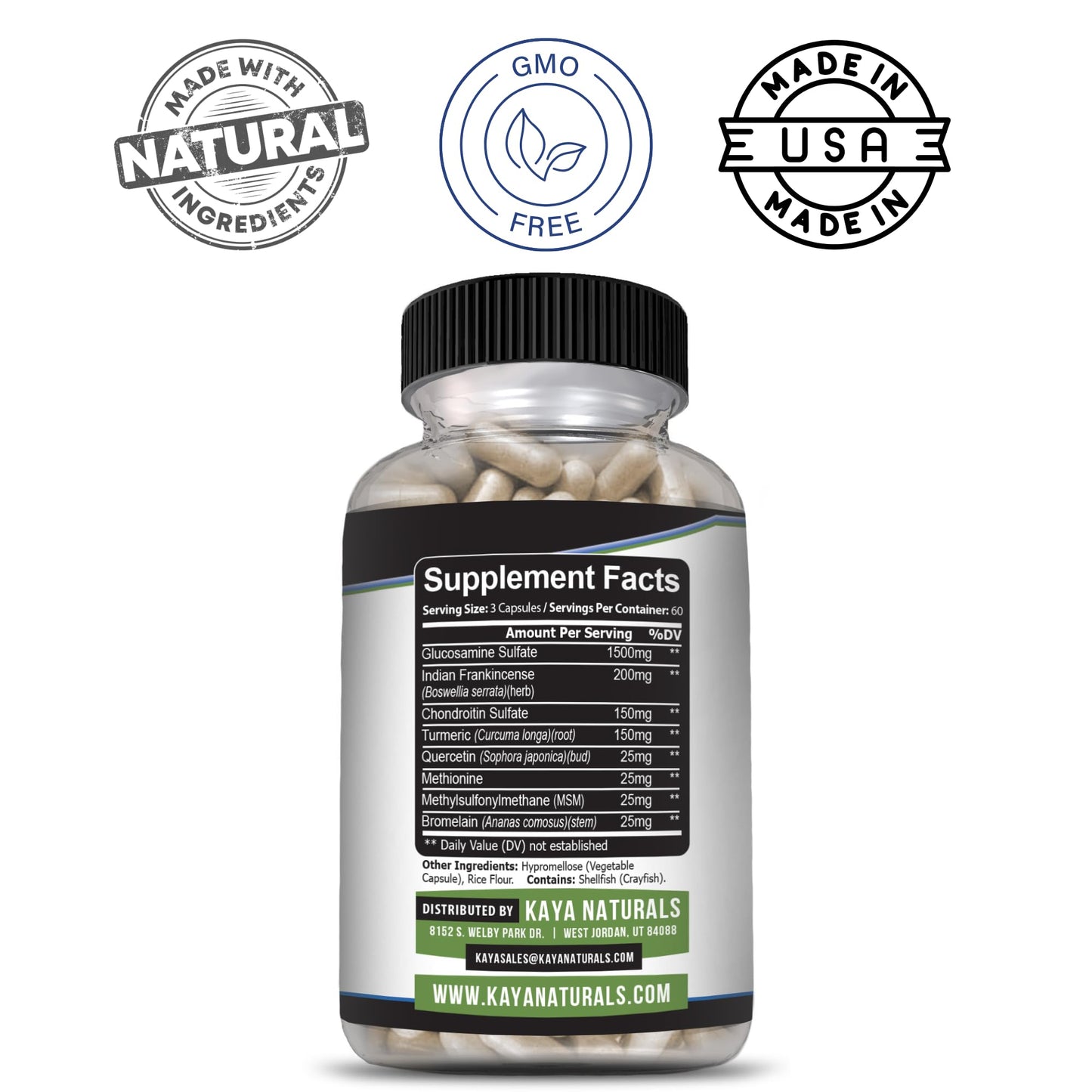 Kaya Naturals Flex Aid Mobility Support Supplement Turmeric Capsules with Glucosamine Sulfate, Boswellia Serrata and MSM, 180 Capsules
