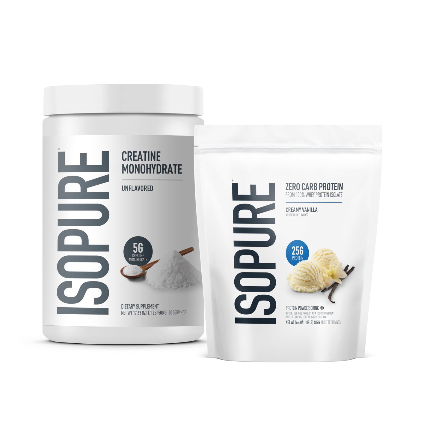 Isopure Zero Carb 100% Pure Whey Isolate Protein Powder Creamy Vanilla, 1 lb, 14 Servings + Isopure 100% Pure Creatine Monohydrate Powder, 100 Servings