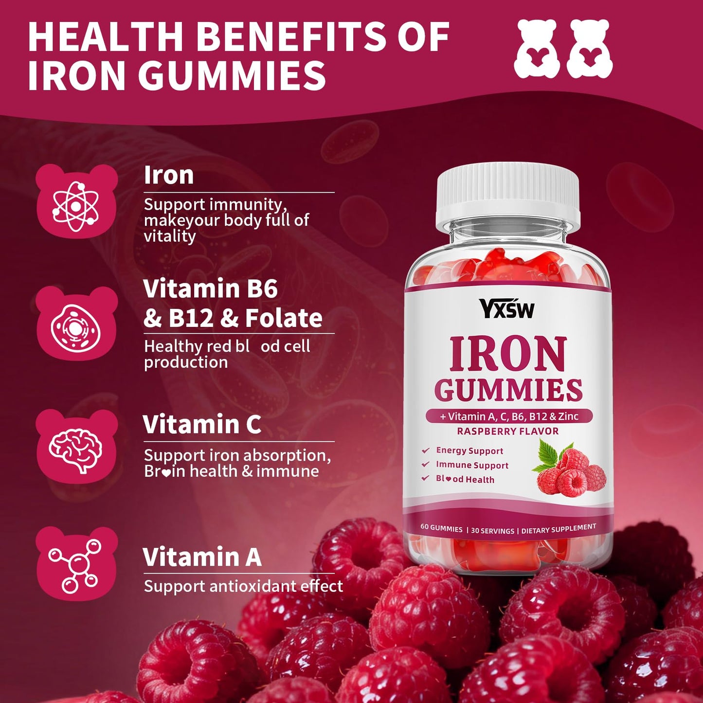 YXSW Iron Gummies for Women & Men, Gummy, 120 Count