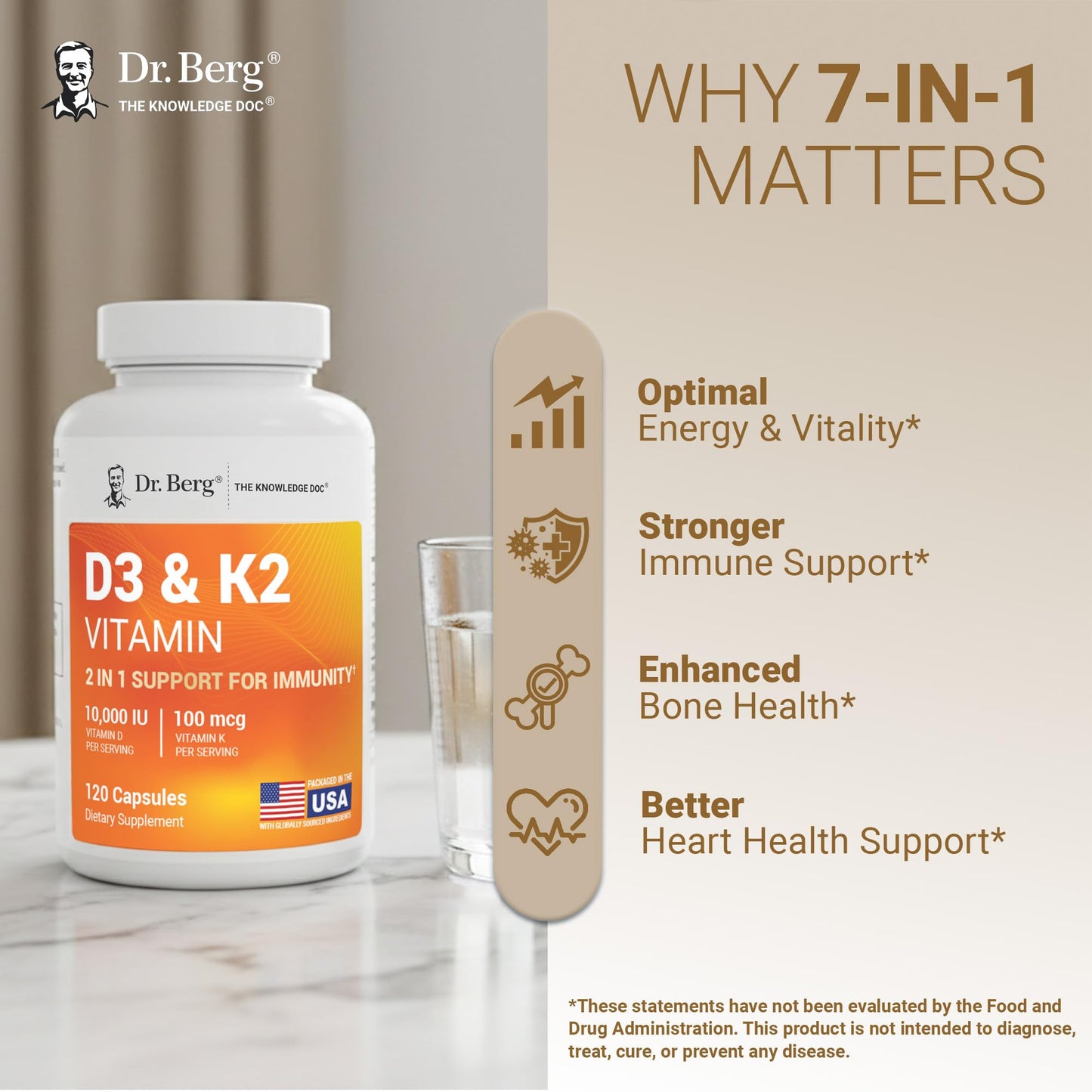 Dr. Berg Nutritionals Maximum Strength 2-in-1 Vitamin D3 K2 10,000 IU Capsules, 120 Count