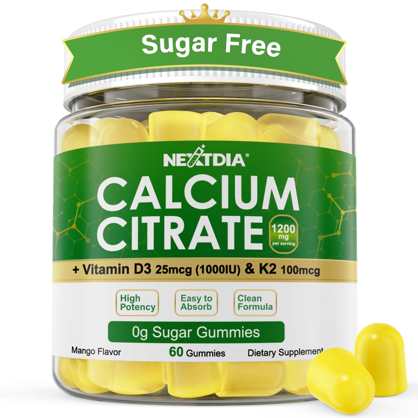 Nextdia Calcium Citrate Gummies 1200mg with Vitamin D3 K2, Chewable Calcium Supplements, 60 Gummies