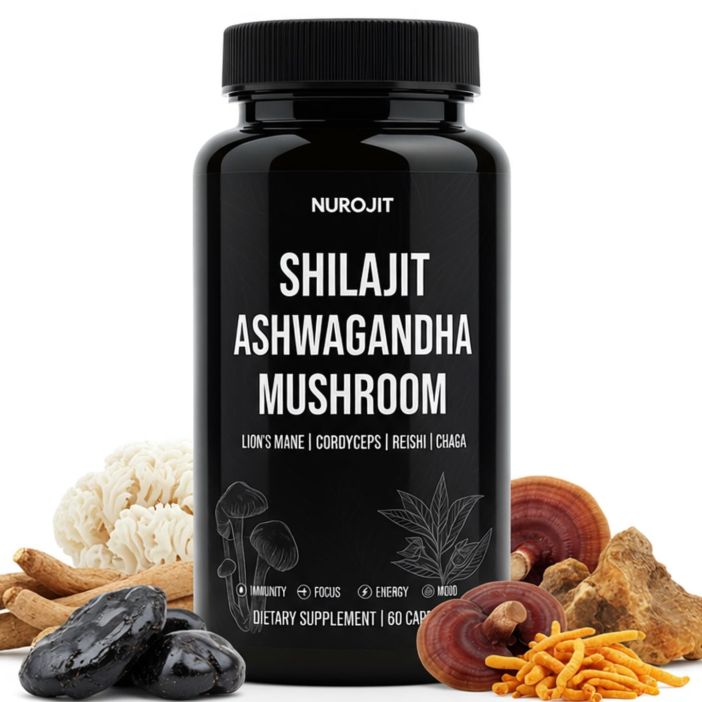NuroJit Shilajit Ashwagandha Mushroom Capsules, 60 Count