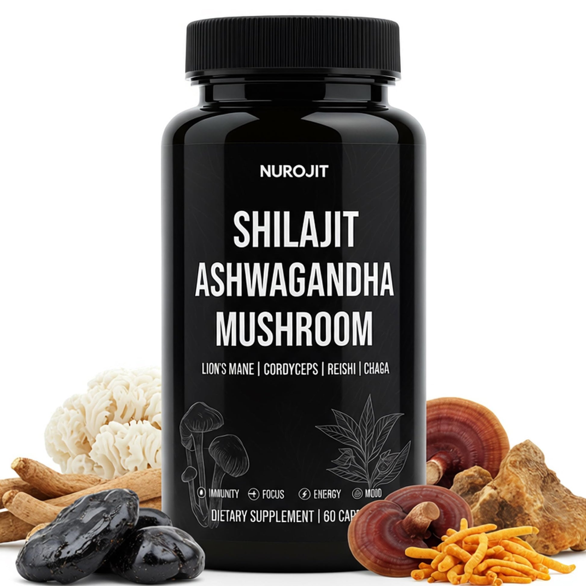NuroJit Shilajit Ashwagandha Mushroom Capsules, 60 Count