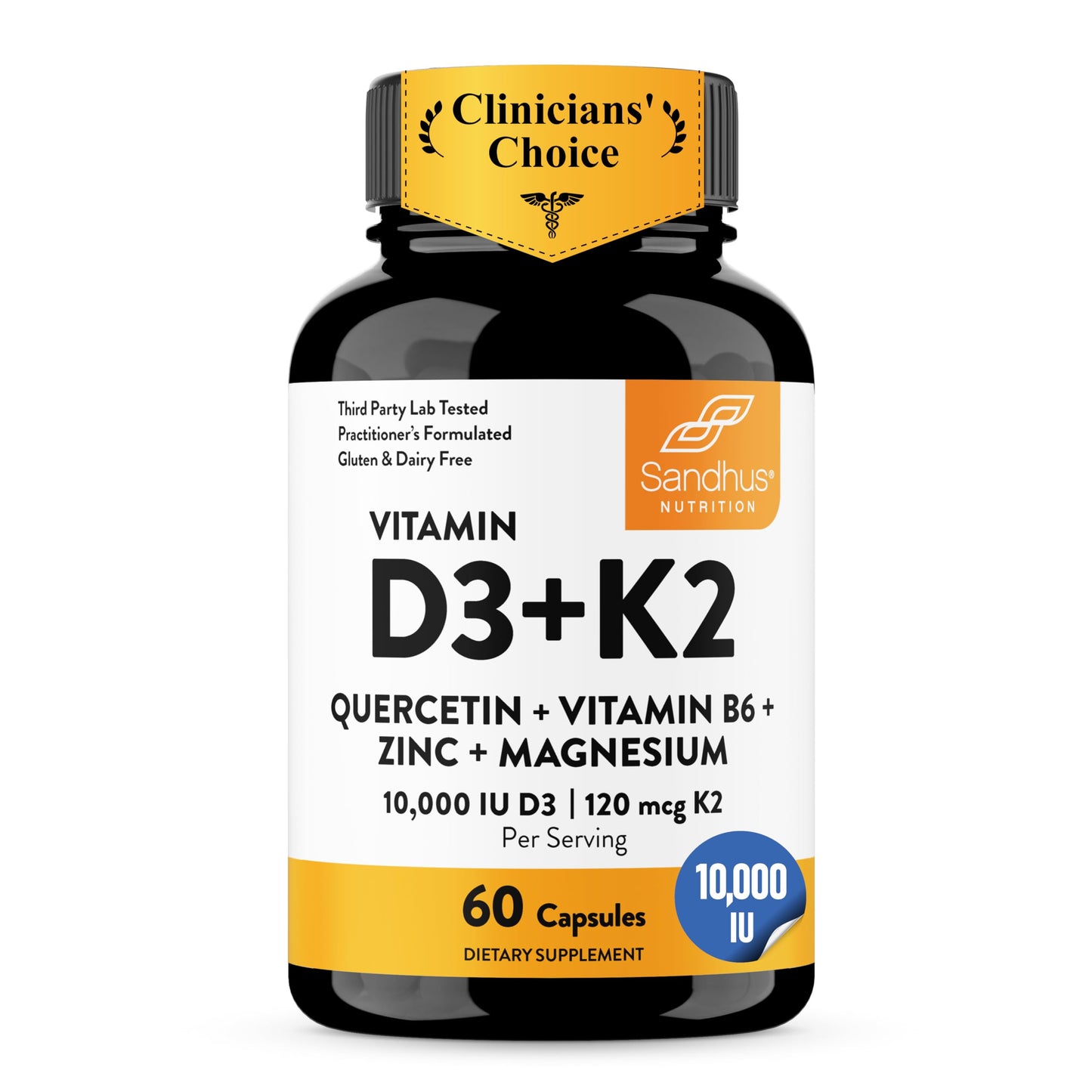 Sandhu's Vitamin D3 K2 10000 IU 120mcg Magnesium Zinc B6 Quercetin Capsules, 60 Count