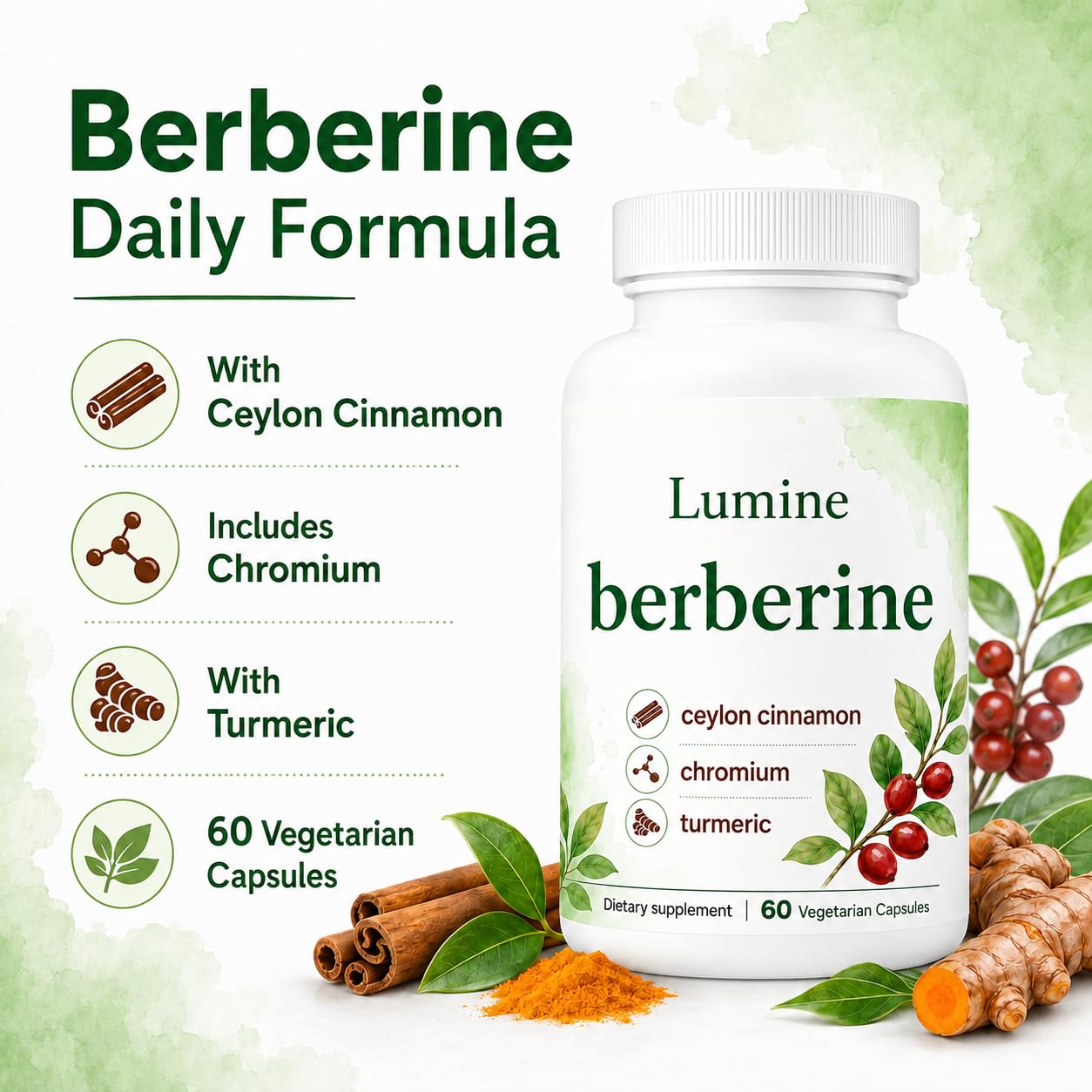 LUMINE Organics Berberine, Ceylon Cinnamon, Turmeric Capsules, 60 Count