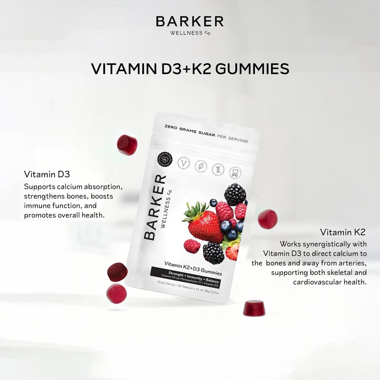 Barker Wellness Co D3 K2 Vitamin Gummies – Max Potency 6000IU D3 + 200mcg K2, Gummy, 30 Count