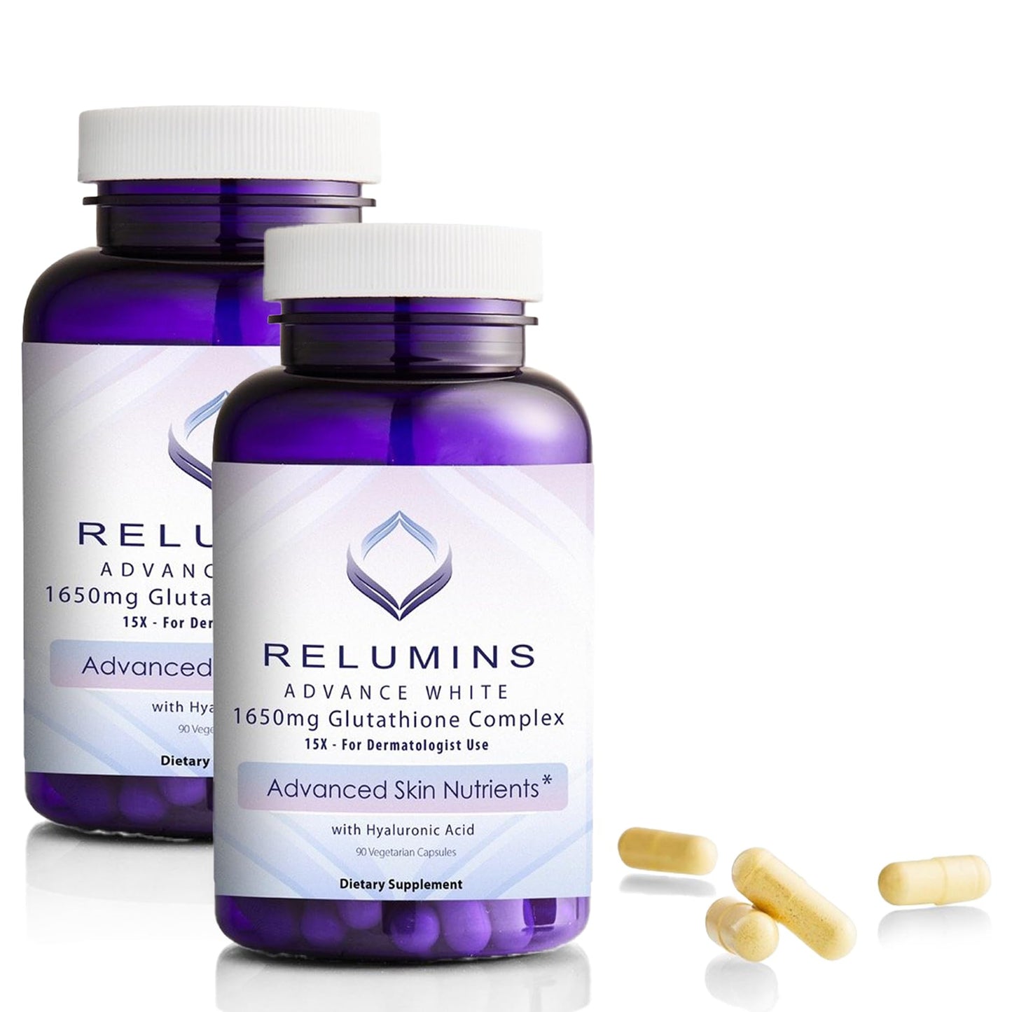 Relumins 1650mg L-Glutathione Complex with Hyaluronic, Alpha Lipoic, Rose HIPS, Vitamin E & Riboflavin Capsules, 180 Count