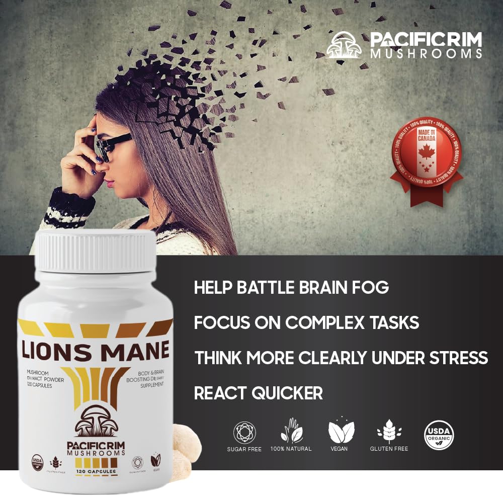 Pacific Rim Mushrooms Lions Mane Supplement Capsules, Organic Mushroom Extract, Ultra Strength 10:1 Lions Mane Mushroom, 60 Capsules