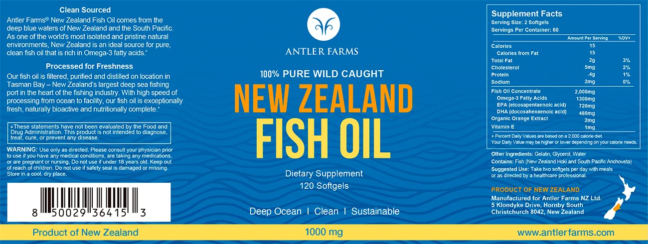 Antler Farms Wild Caught New Zealand Fish Oil Capsules, 120 Count