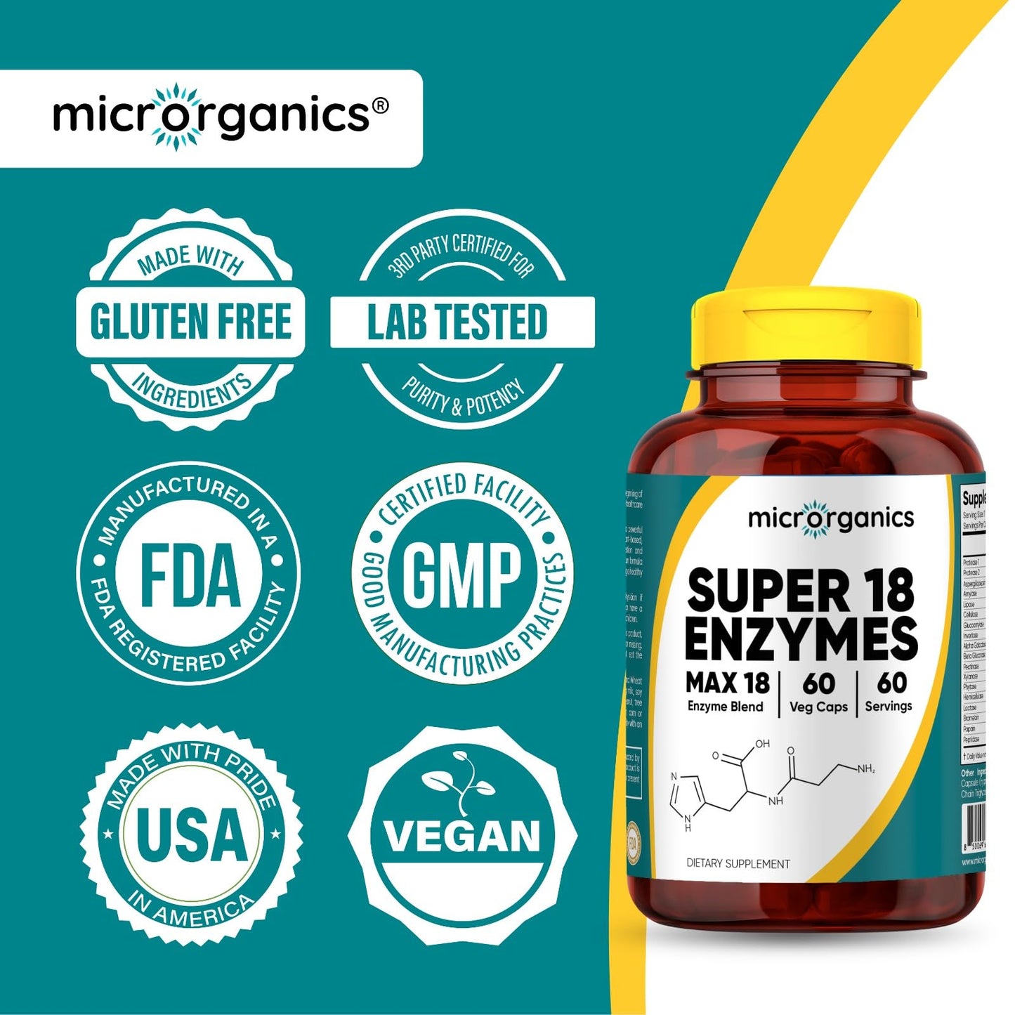 MICRORGANICS Super 18 Enzymes MAX 18 – Broad-Spectrum Plant-Based Digestive Enzyme Complex – Supports Comfortable Digestion & Nutrient Absorption, 60 Capsules