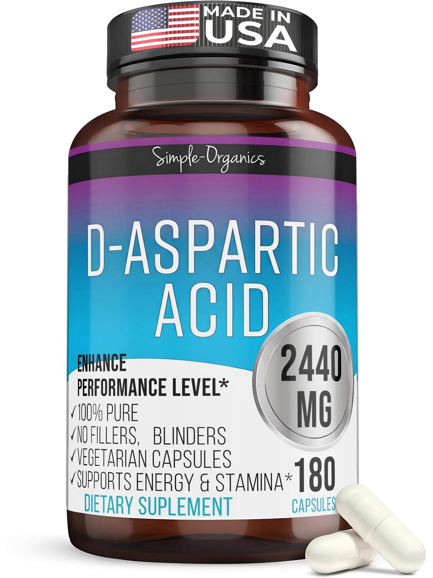 Simple-Organics D-Aspartic Acid Testosterone Support for Men 2440mg Capsule, 180 Count