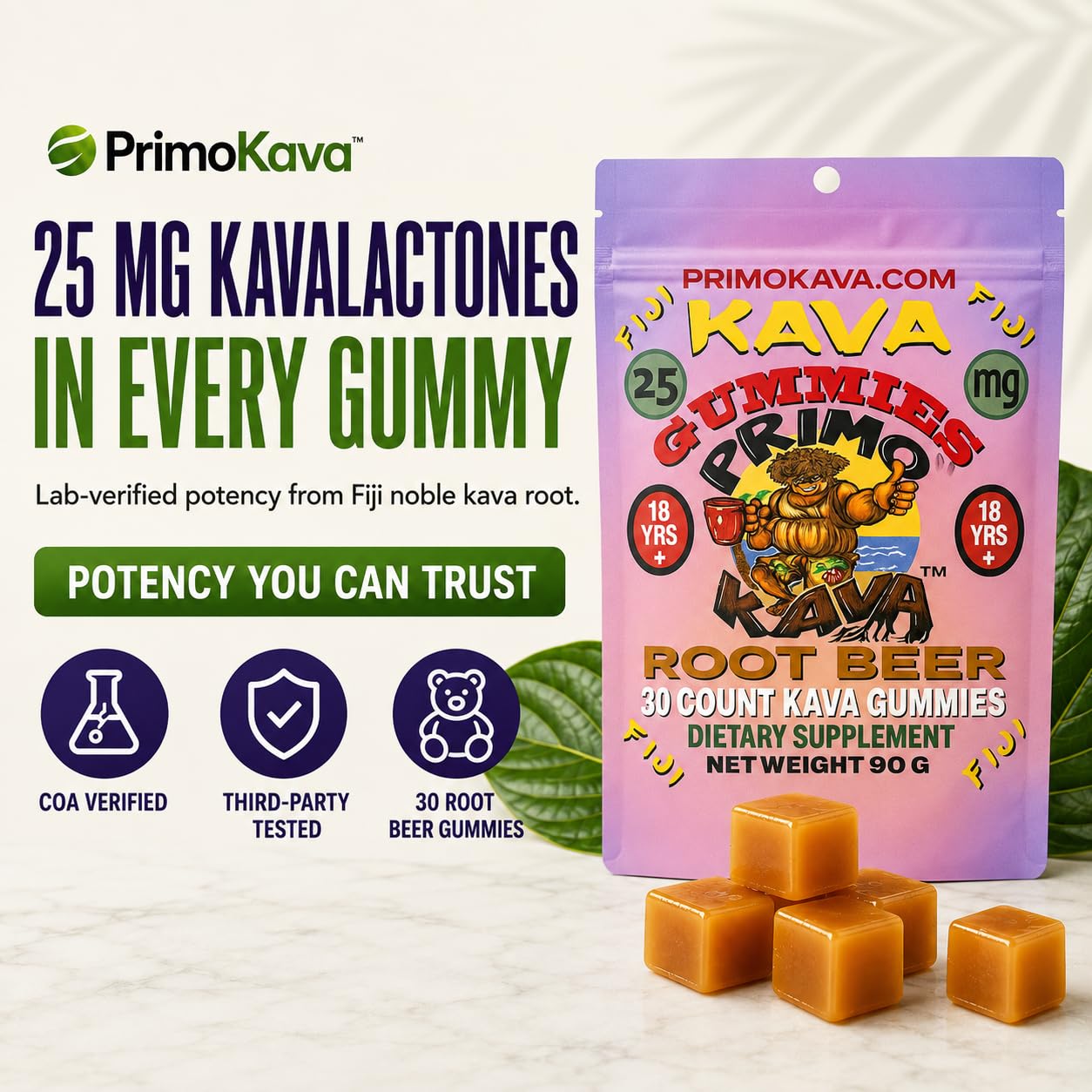 PRIMO KAVA Kava Kava Gummies 375mg, 30 Count