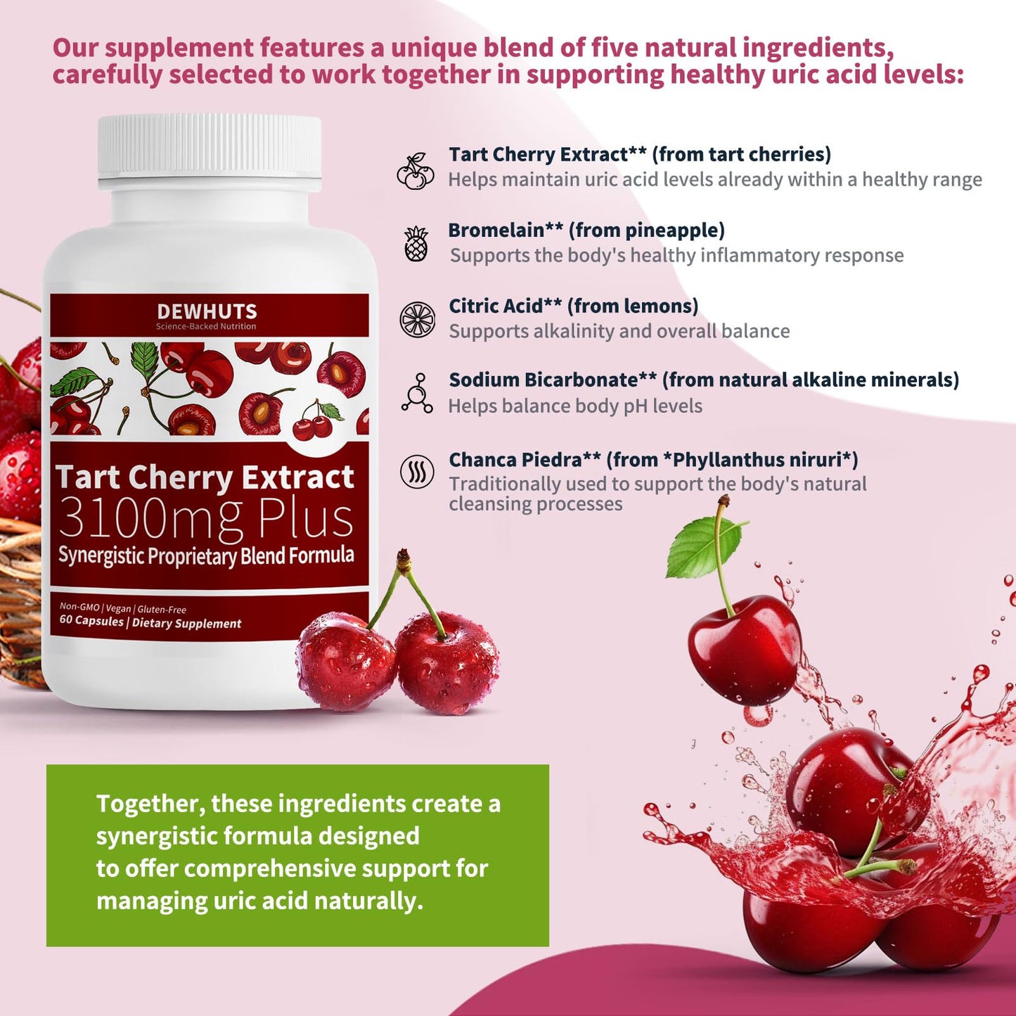 Dewhuts 5 in 1 Tart Cherry Extract 3100mg with Bromelain & Chanca Piedra Capsules, 60 Count