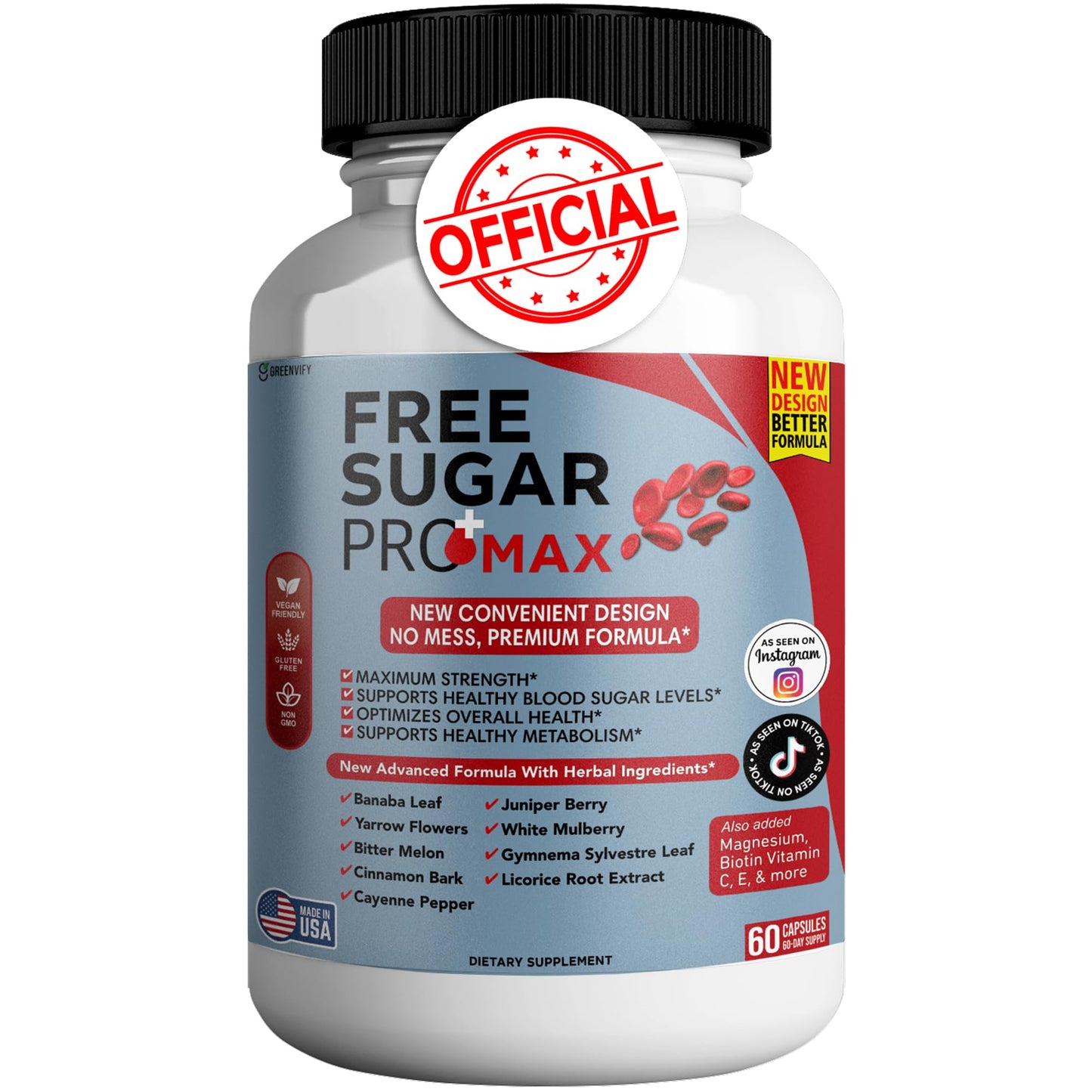 GREENVIFY Free Sugar Pro Max All Natural Formula to Maintain Healthy Levels, Maximum Strength Daily Formula, Blood Sugar Health Reviews, 60 Capsules