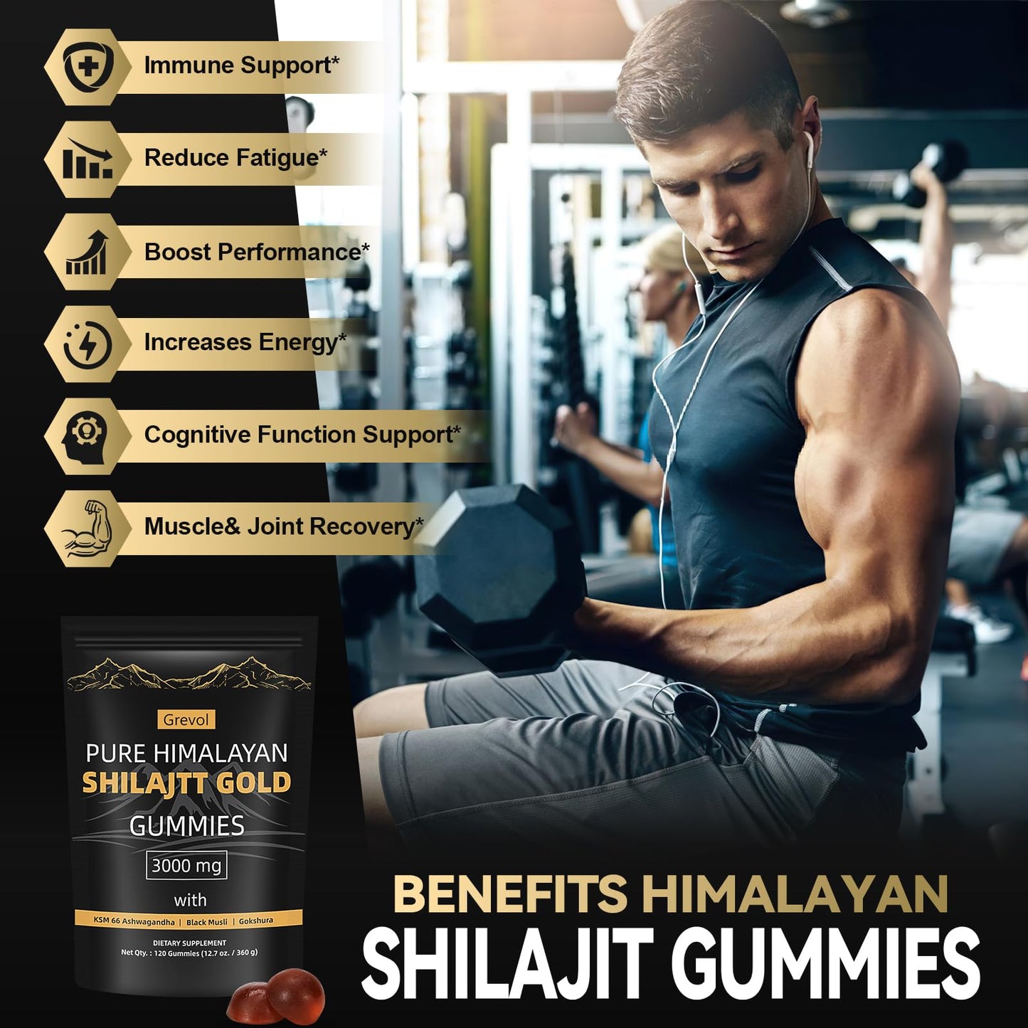 Grevol Himalayan Shilajit Gummies with Ashwagandha Fulvic Acid & 85+ Trace Minerals, No Added Sugar, Individually Wrapped, 120 Gummies