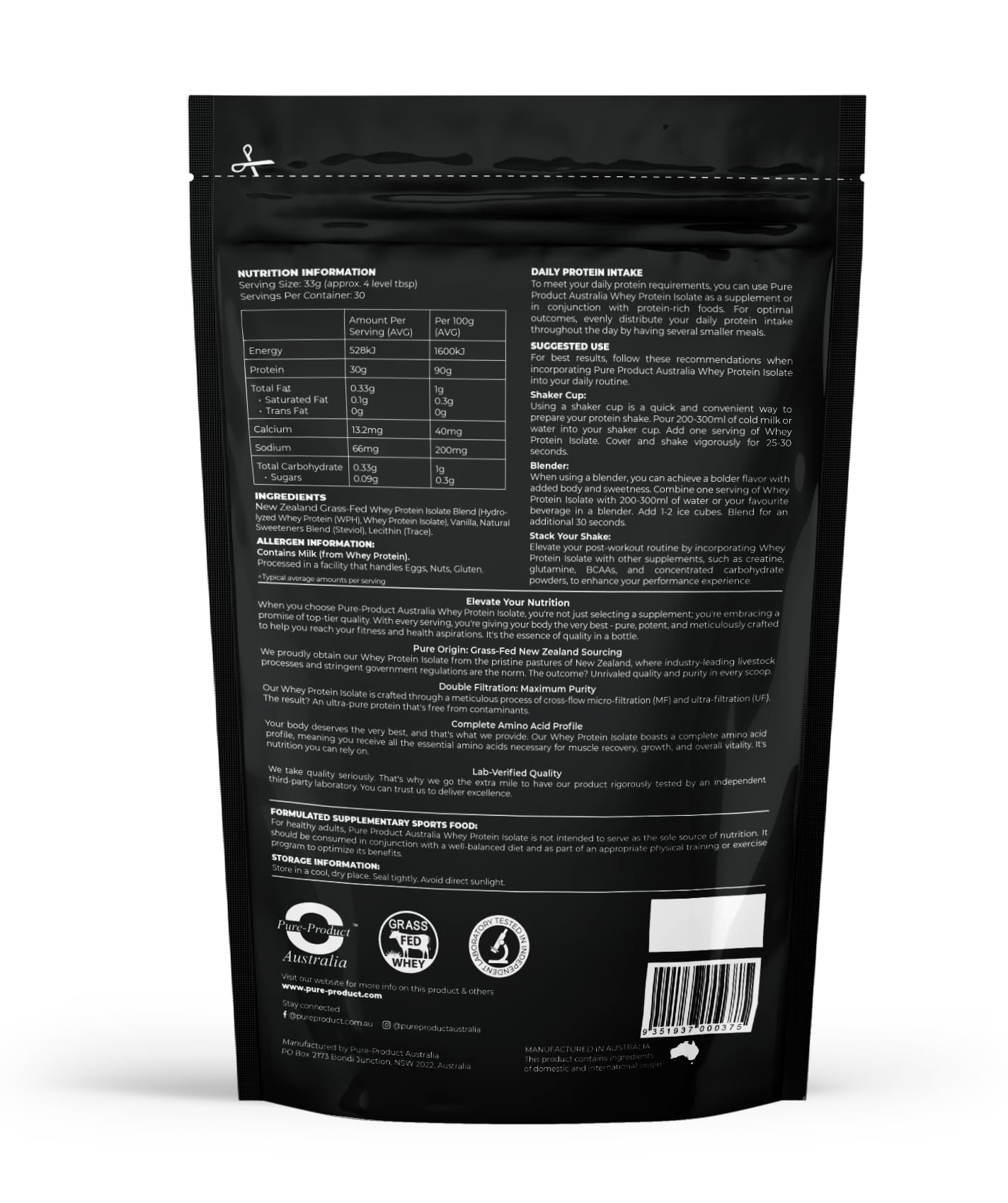 Pure Product Australia 100% Whey Isolate Protein Powder, Vanilla, 1kg, 33 Servings