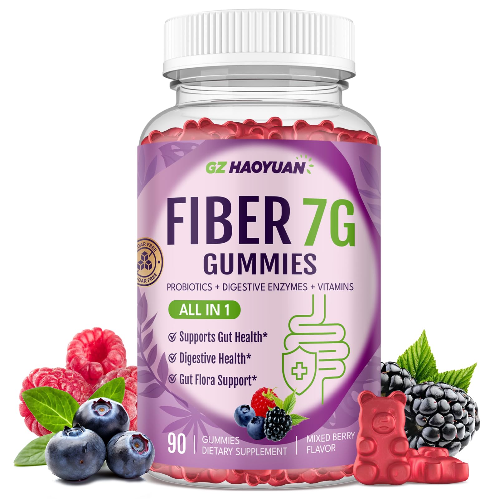 GZ HAOYUAN Fiber Gummies for Adults Sugar Free Fiber Supplement with Probiotic 60 Billion CFU & Prebiotic, Digestive Enzymes, Inulin, Psyllium, Vitamin for Gut & Digestive Health, 90 Count