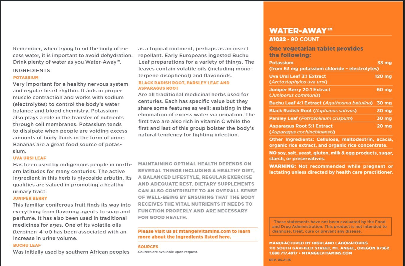 Mt. Angel Vitamins Water-Away, Natural Support for Fluid Balance Tablets 90 Count