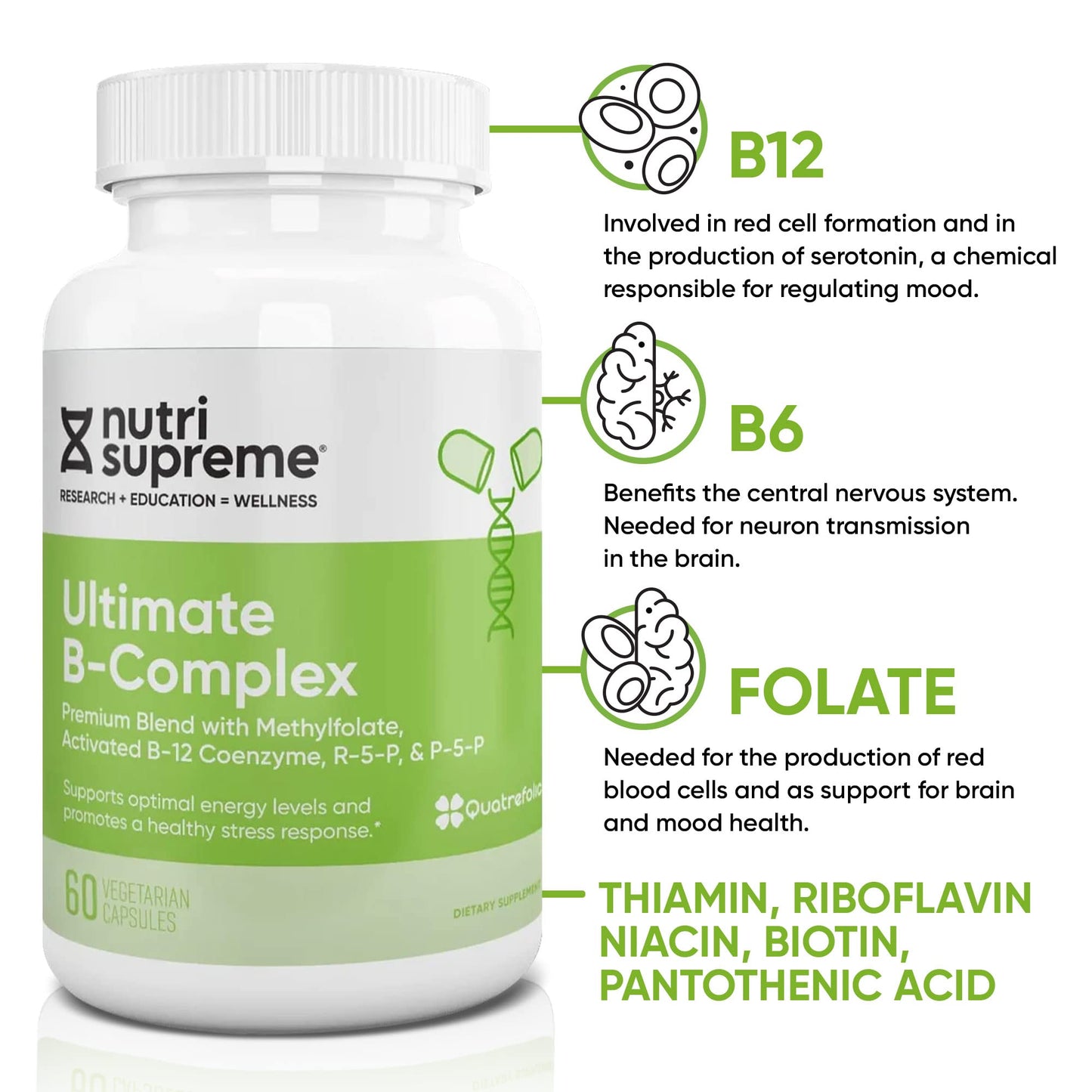 NUTRI-SUPREME RESEARCH Nutri Supreme Ultimate B Complex Highly Absorbable Essential B Vitamins with Methylfolate to Support Nervous System Function, 60 Capsules