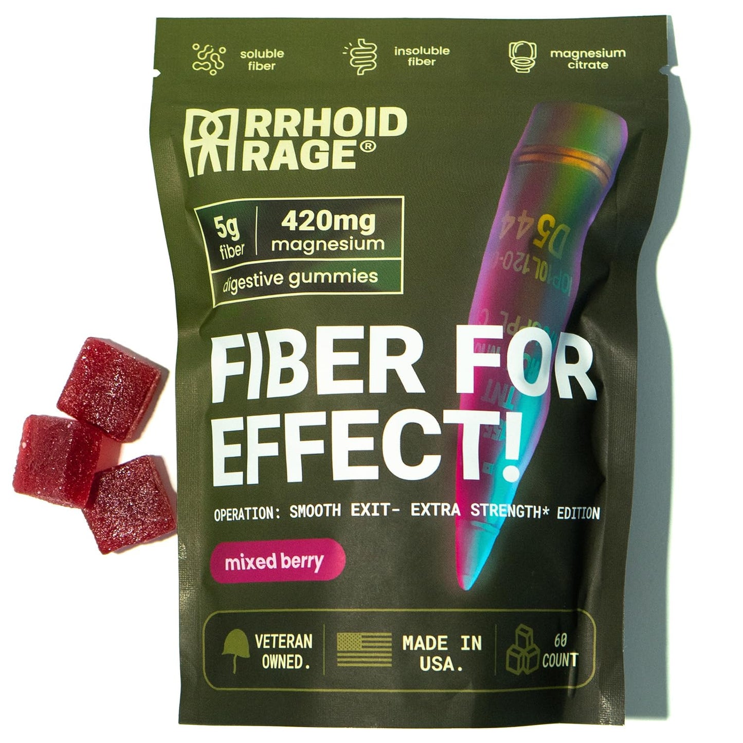 Rrhoid Rage Fiber Gummies with Magnesium Citrate – Extra Strength Gut & Bowel Support, Mixed Berry Flavor, 60 Gummies