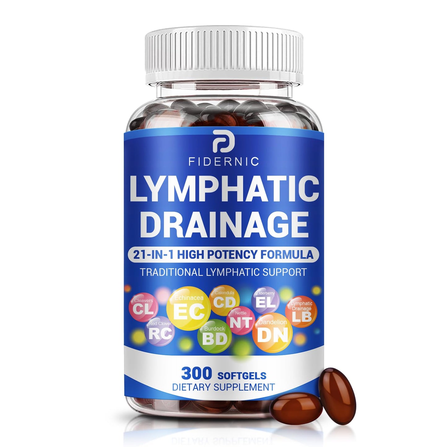 FIDERNIC Lymphatic Drainage Supplement Lymph System Support 21-in-1 Herbal Blend with Echinacea, Dandelion, Burdock, Bromelain, Calendula, Turmeric & More for Immune Health & Fluid Balance Softgels 300