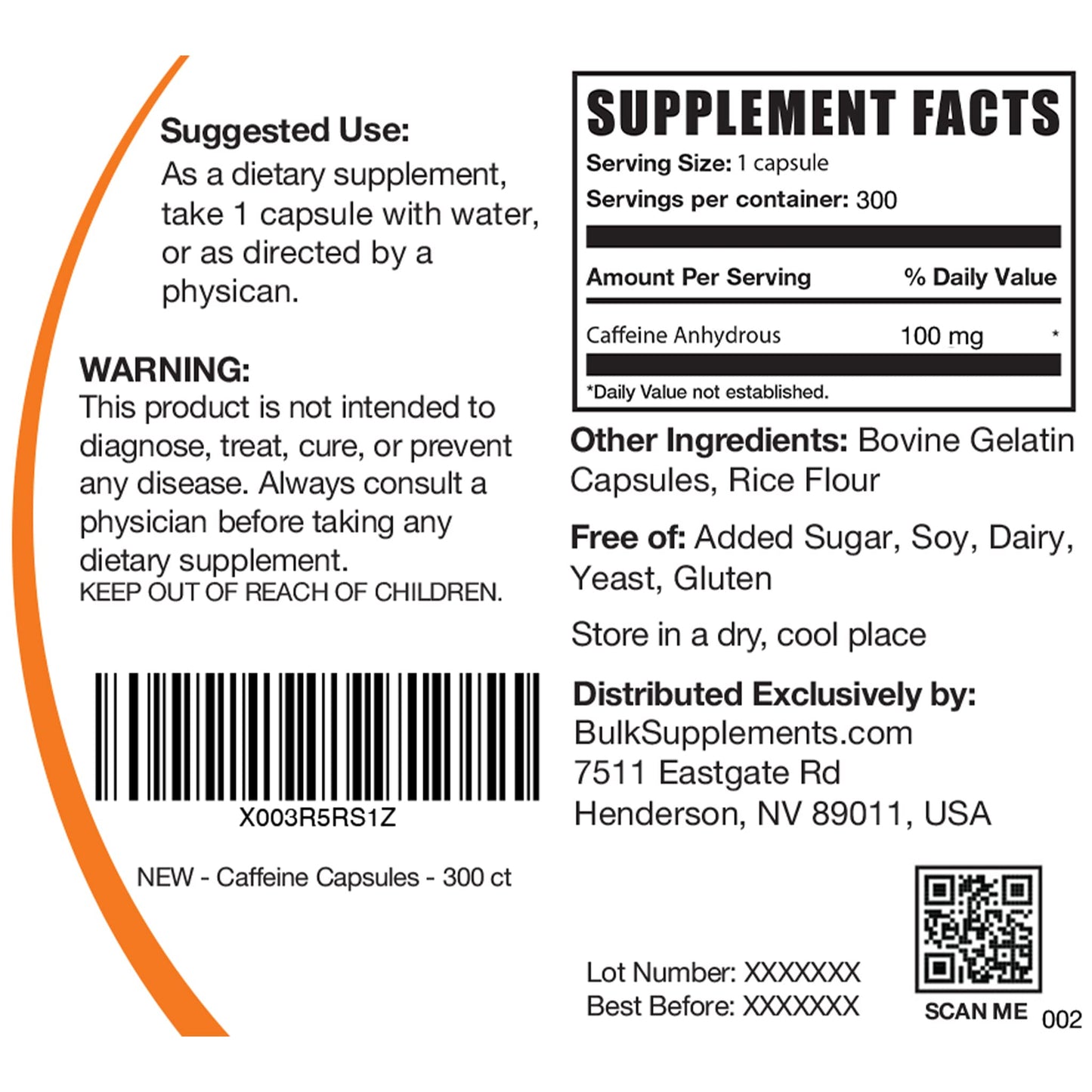 BulkSupplements Caffeine 100mg Capsules, 300 Capsules