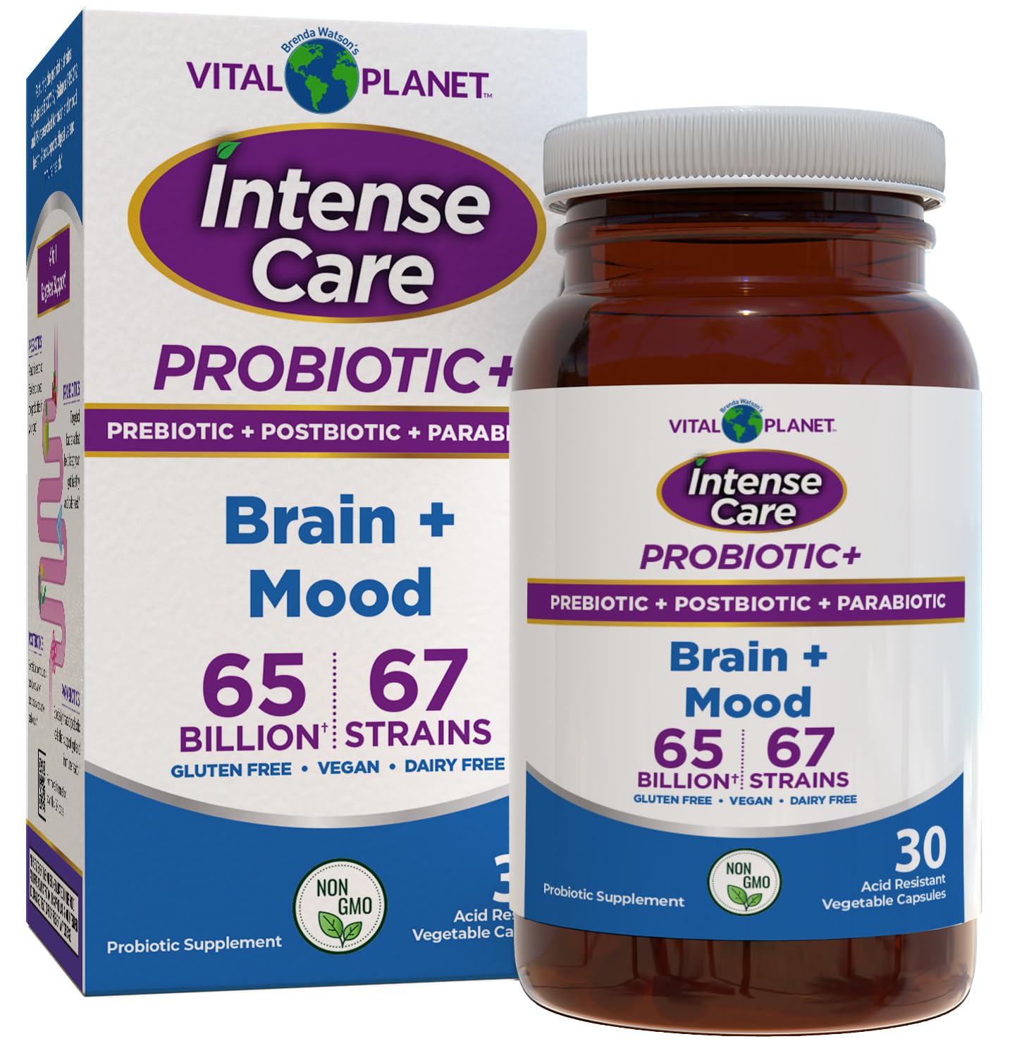 Vital Planet Intense Care Brain & Mood Probiotics, Prebiotics, Postbiotics, Parabiotics 4-in-1 Refrigerated Supplement for Adults, 30 Capsules