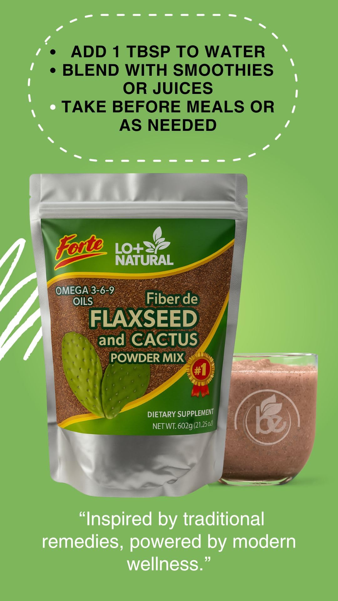 LO+NATURAL Linaza con Nopal Forte Flaxseed & Nopal Cactus Powder, 8 oz
