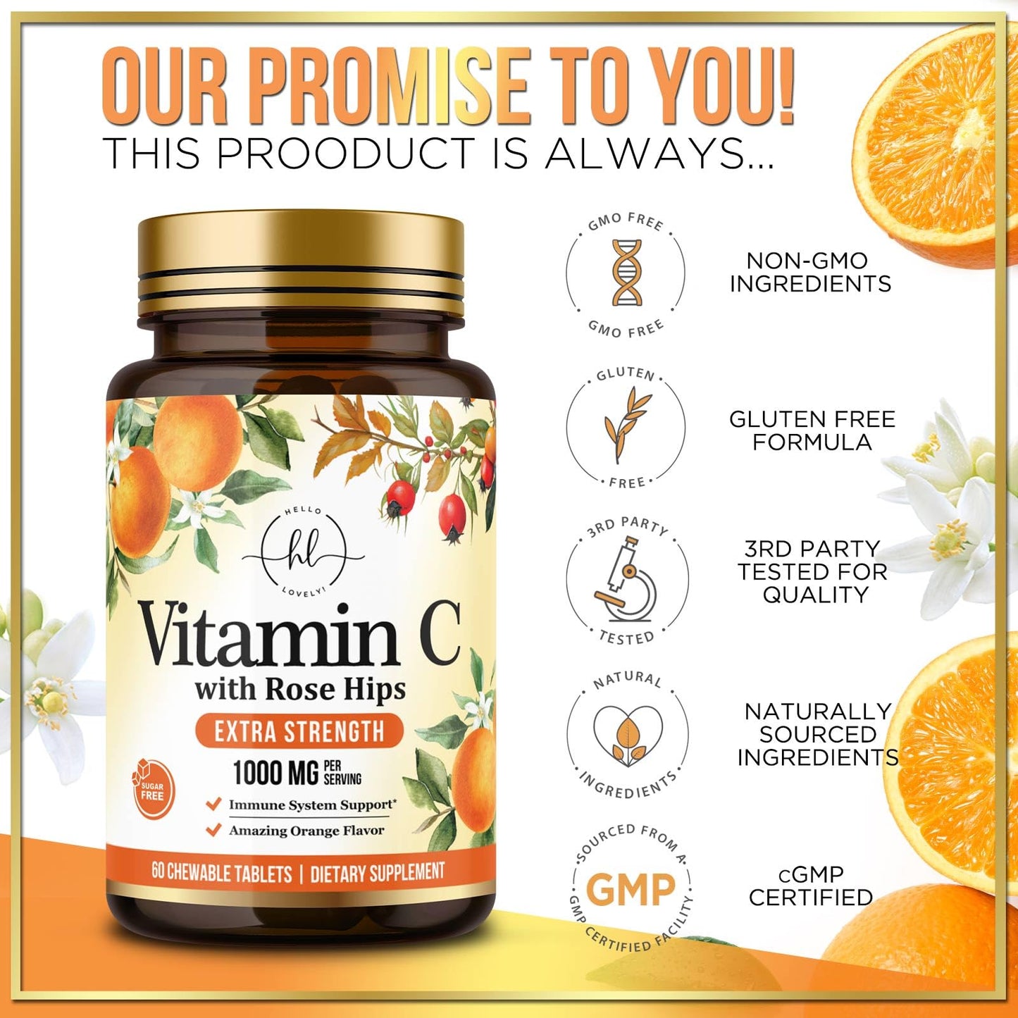 Hello Lovely! Vitamin C 1000mg Per Serving - Extra Strength with Rose Hips Bioflavonoids - Sugar Free Chewable Tablets 60 Count