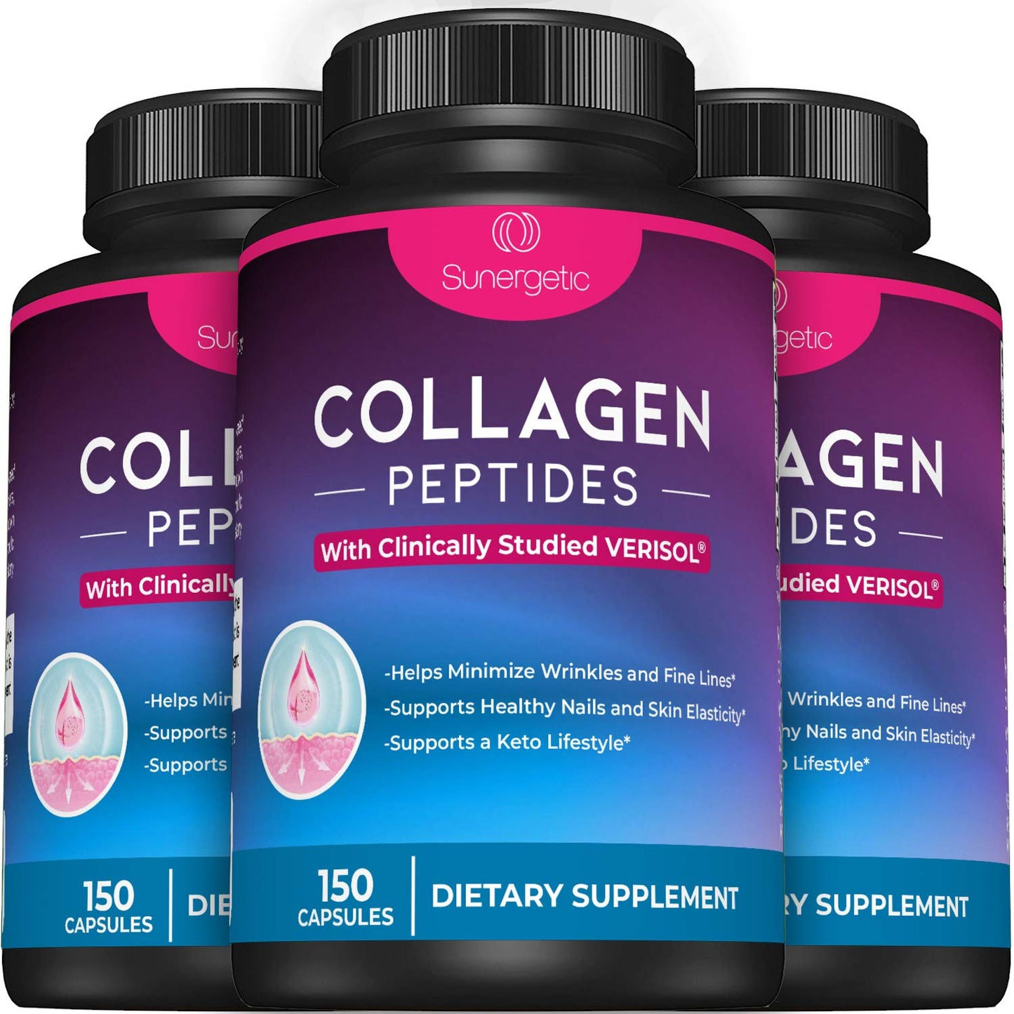 Sunergetic Premium Collagen Peptides Capsules 2500 mg VERISOL Type 1 & Type 3, Multi-Collagen Supplement for Joint Health, Hair, Skin & Nails, 150 Capsules