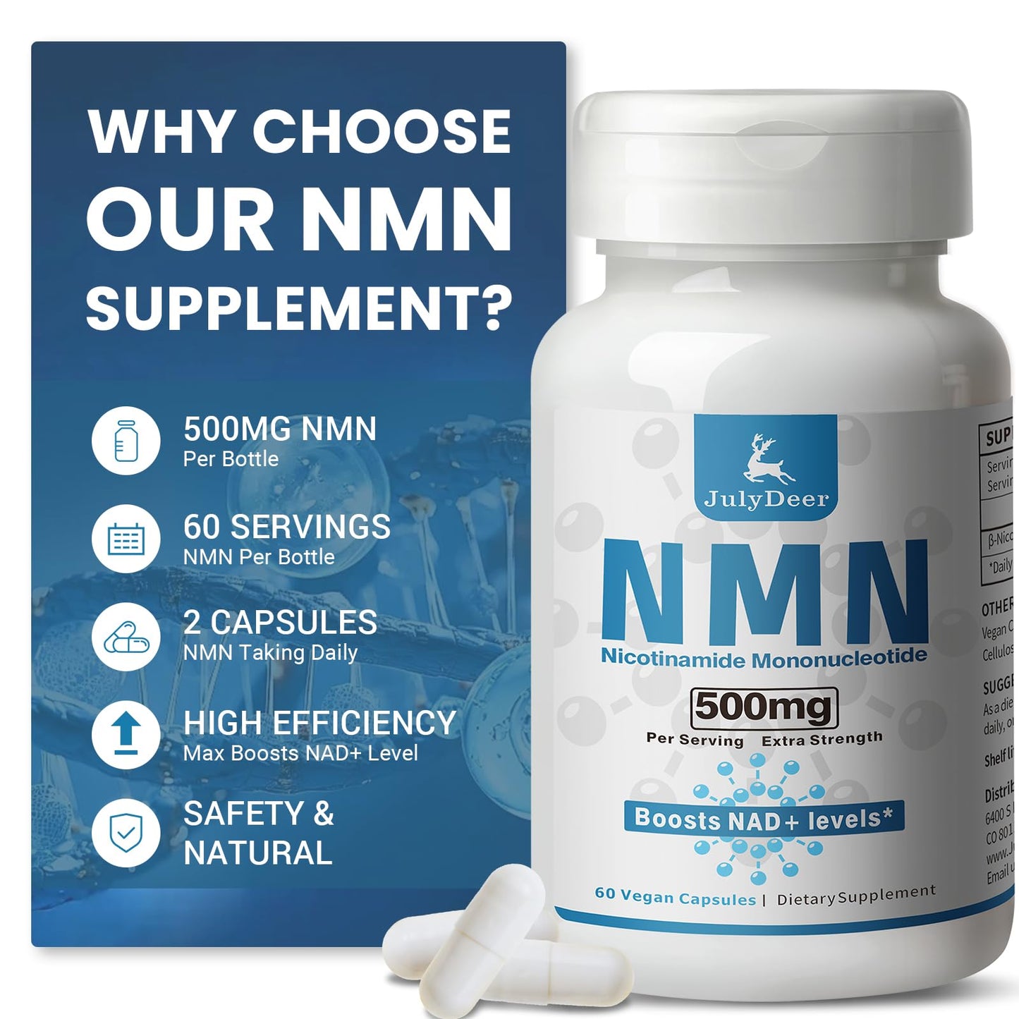 JulyDeer Pure NMN 500mg Nicotinamide Mononucleotide Capsule, 60 Count