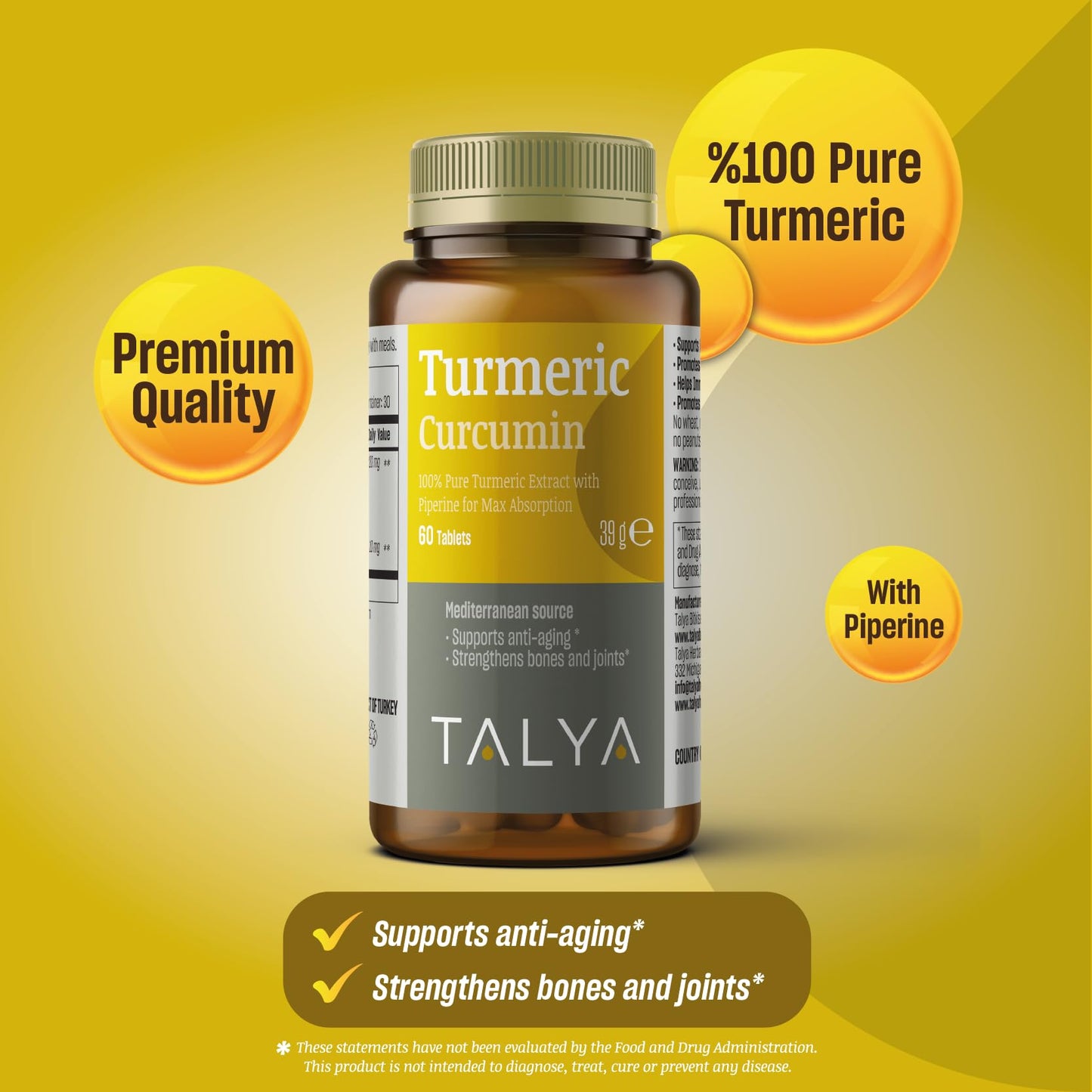 TALYA Turmeric Curcumin with Black Pepper Tablets, 60 Count