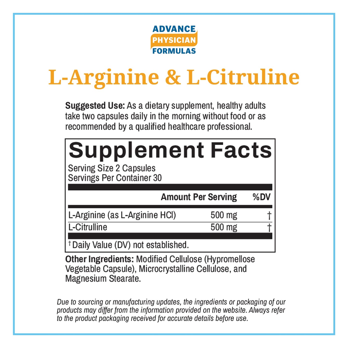 Advance Physician Formulas L-Arginine 500 mg, L-Citruline 500 mg, 60 Vegetable Capsules