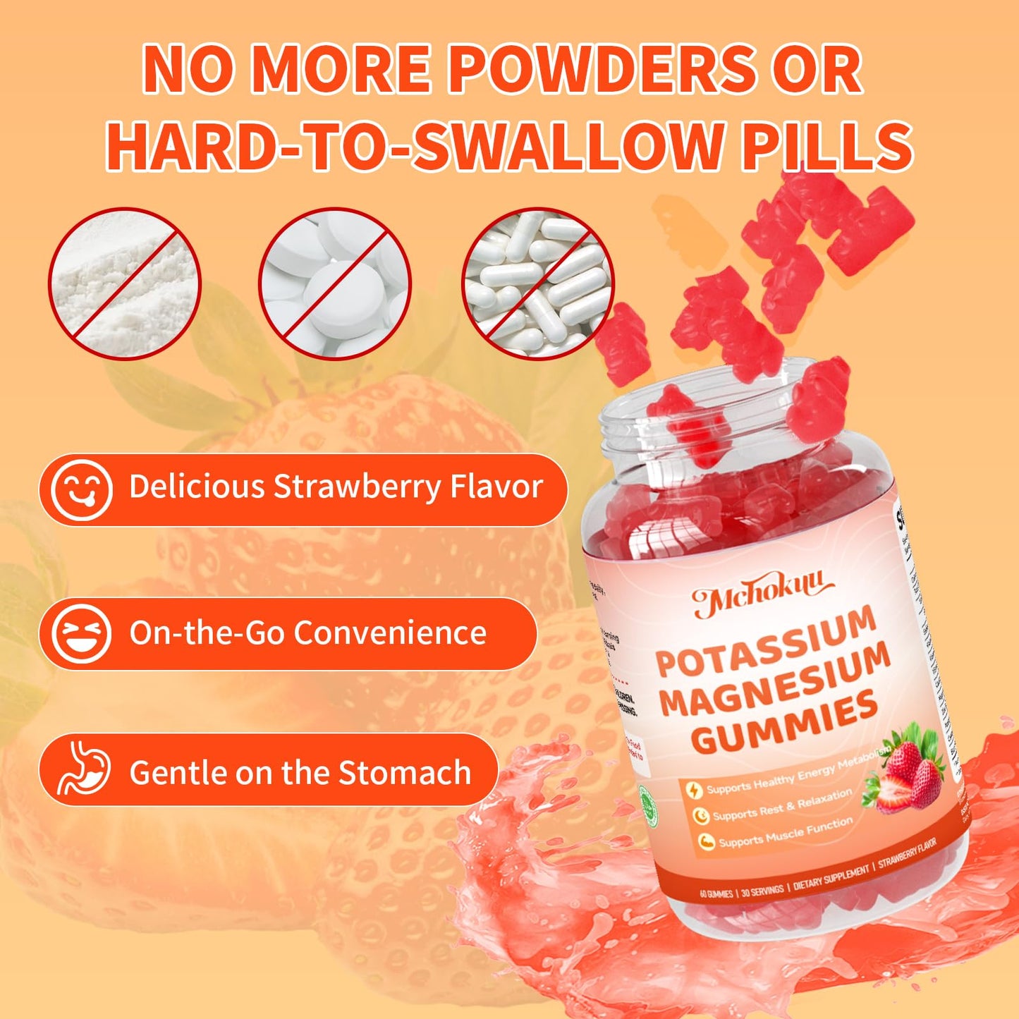 Mchokuu Potassium Magnesium Gummies – High Absorption Magnesium Glycinate – Magnesium Potassium Supplement Gummies with Vitamin B6, D3, B12 for Muscle Support, Sugar-Free Strawberry Flavor, 60 Count