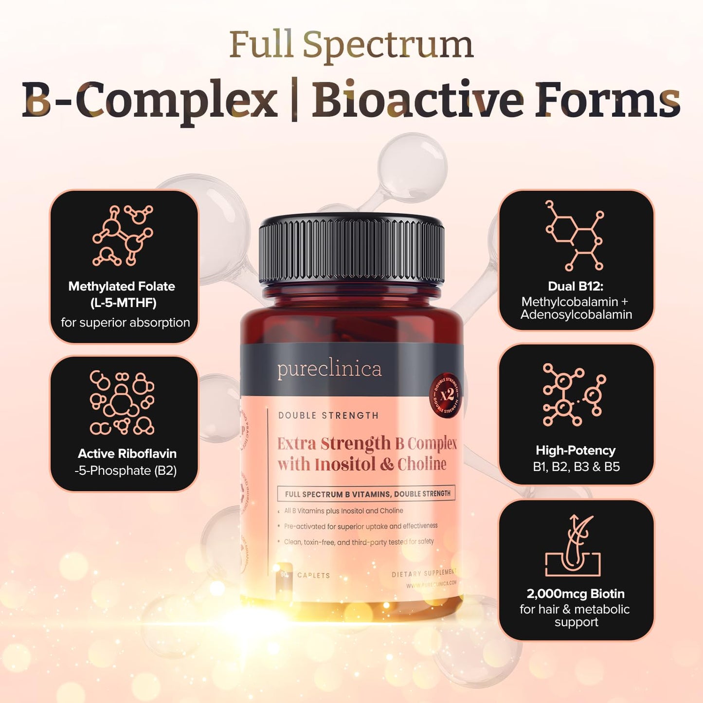 pureclinica Extra Strength B Complex with Inositol & Choline Caplets 90 Count