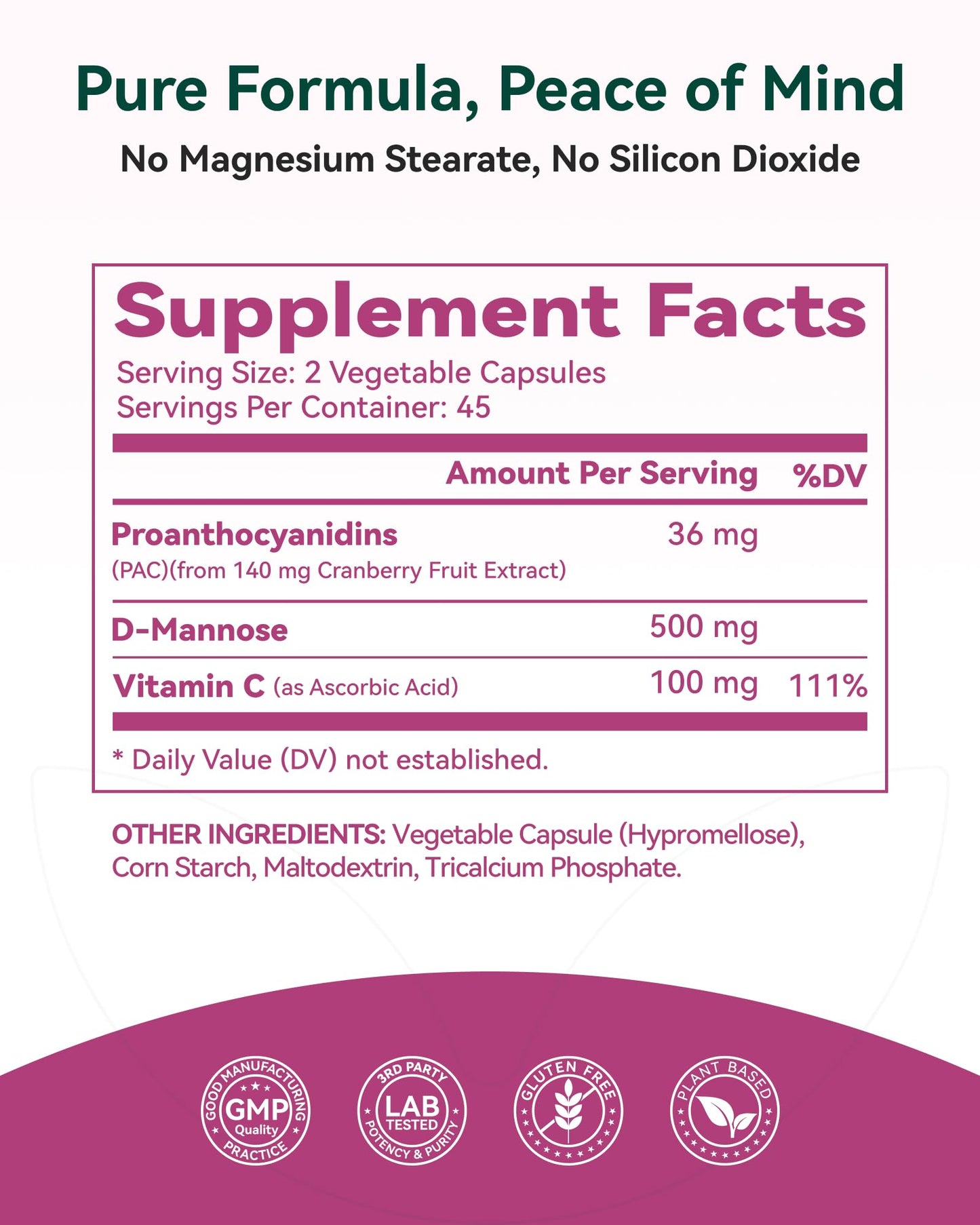 Inner Brightness Cranberry Supplement 36 mg PAC with D-Mannose & Vitamin C Capsule, 90 Count
