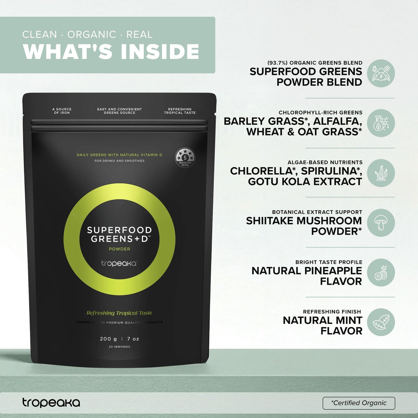 Tropeaka Superfood Greens + D Powder, 20 Servings