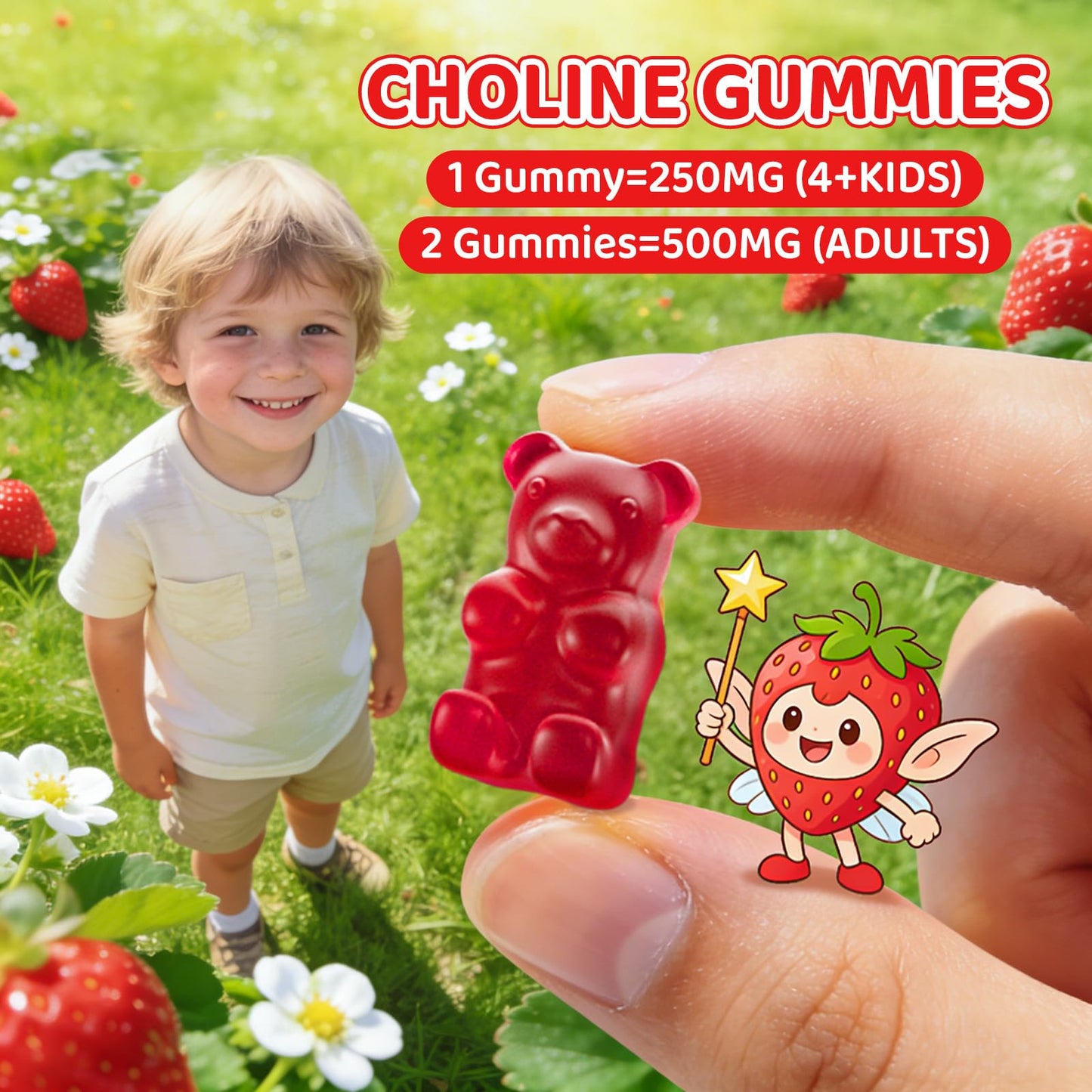 NATISLAND Choline Gummies 500mg with DHA, Phosphatidylserine for Brain Health, Focus, Immune Support, Sugar-Free, Vegan, Strawberry Flavor, 120 Gummies