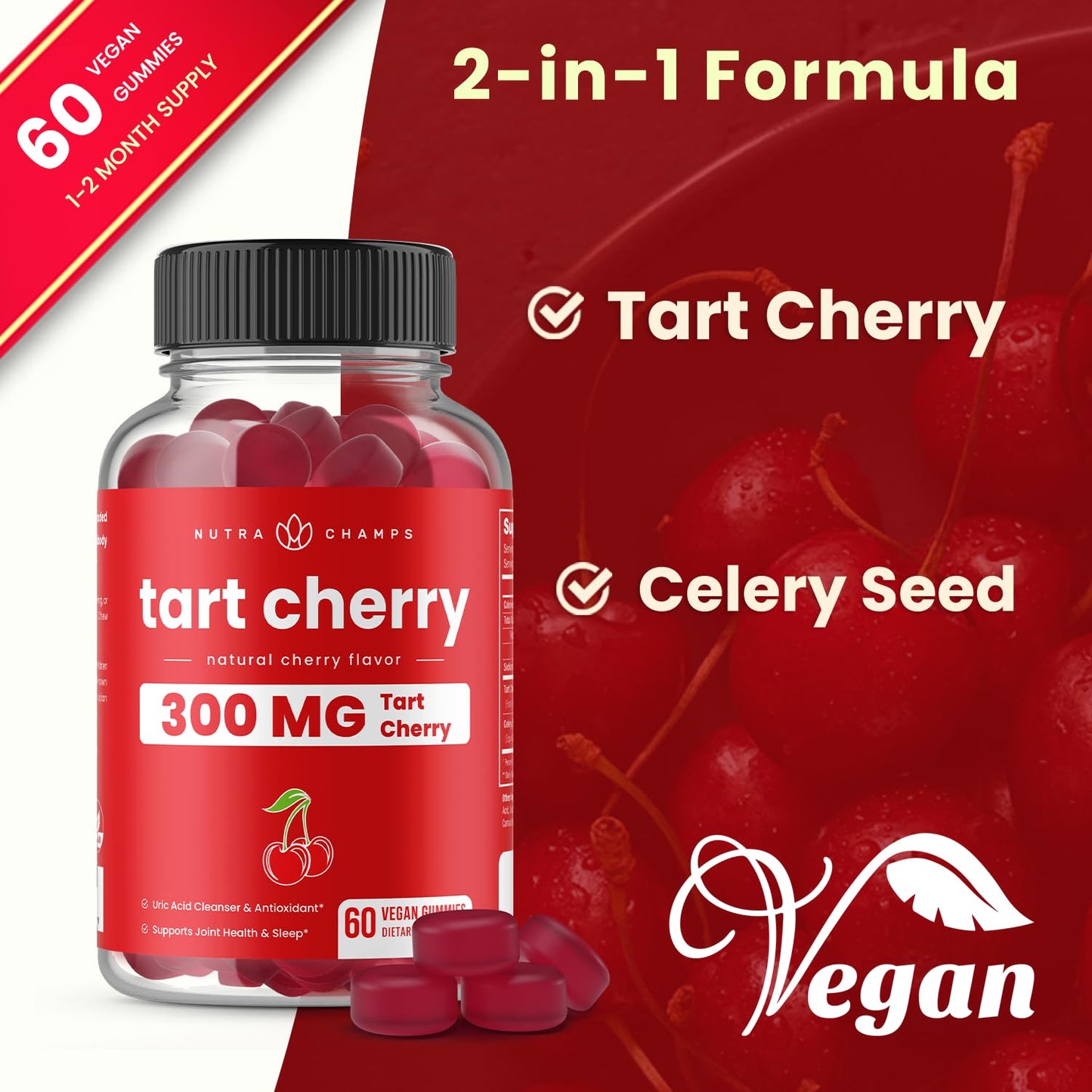 NutraChamps Tart Cherry Gummies with Celery Seed – 60 Count
