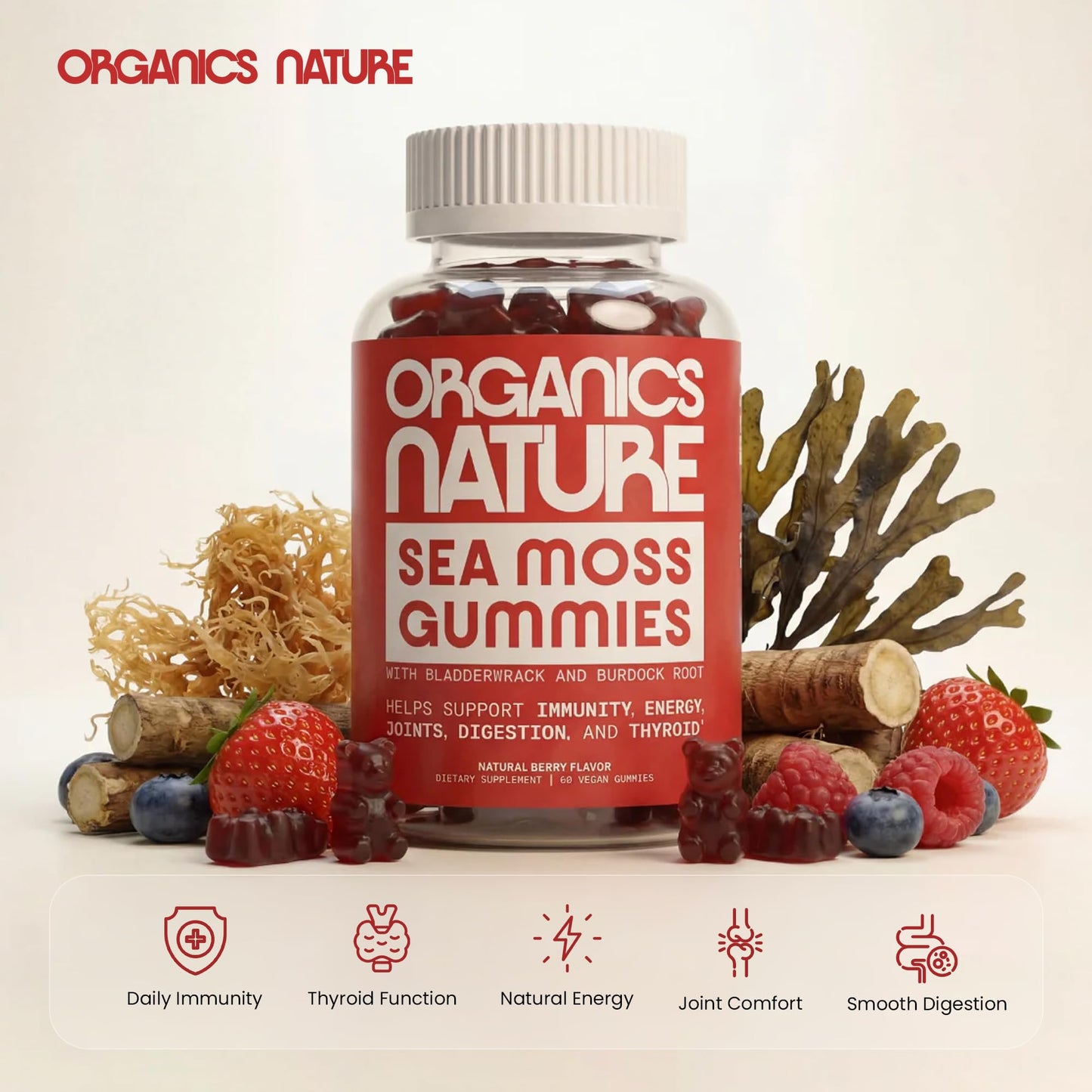 Organics Nature Irish Sea Moss Gummies Berry Flavored Gummy 1 Count