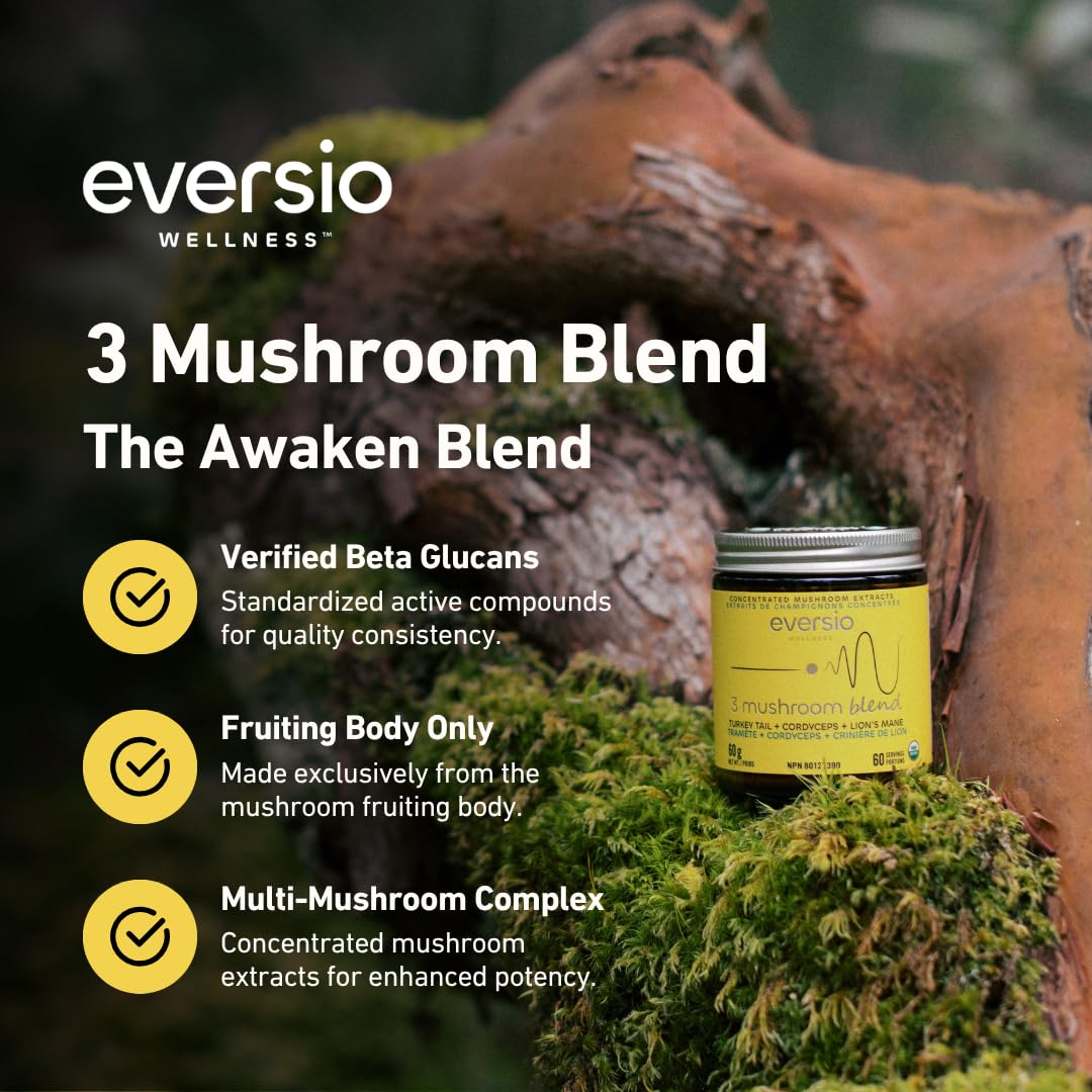 Eversio Wellness Organic 3 Mushroom Blend Complex Powder – Lion’s Mane, Cordyceps & Turkey Tail Fruiting Body Extract – Daily Wellness & Energy Support – 60 Servings