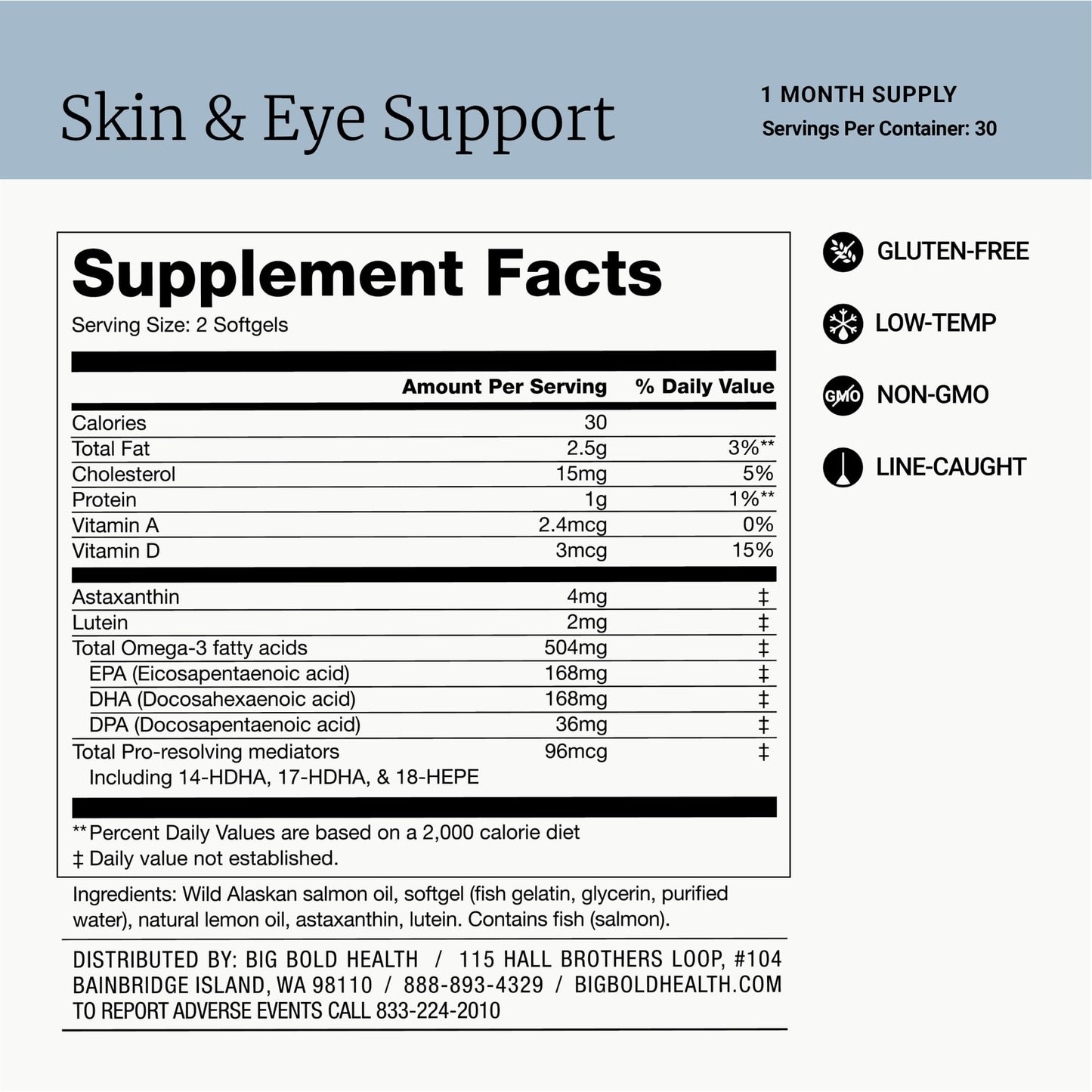 BIG BOLD HEALTH Skin & Eye Support Omega-3 Complex with Alaskan Salmon Oil, DHA, Astaxanthin & Lutein - 60 Softgels