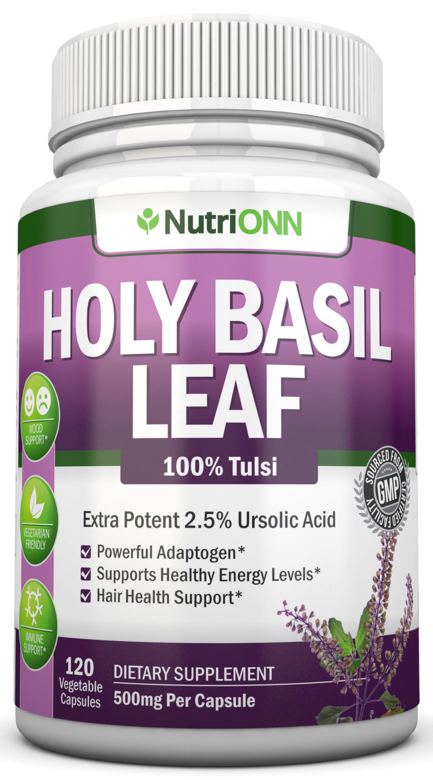 NutriONN Holy Basil Leaf 500mg Capsules 120 Count